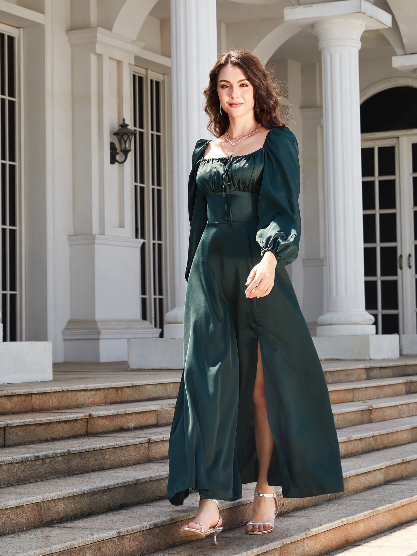 square neck puff sleeve high slit maxi dress