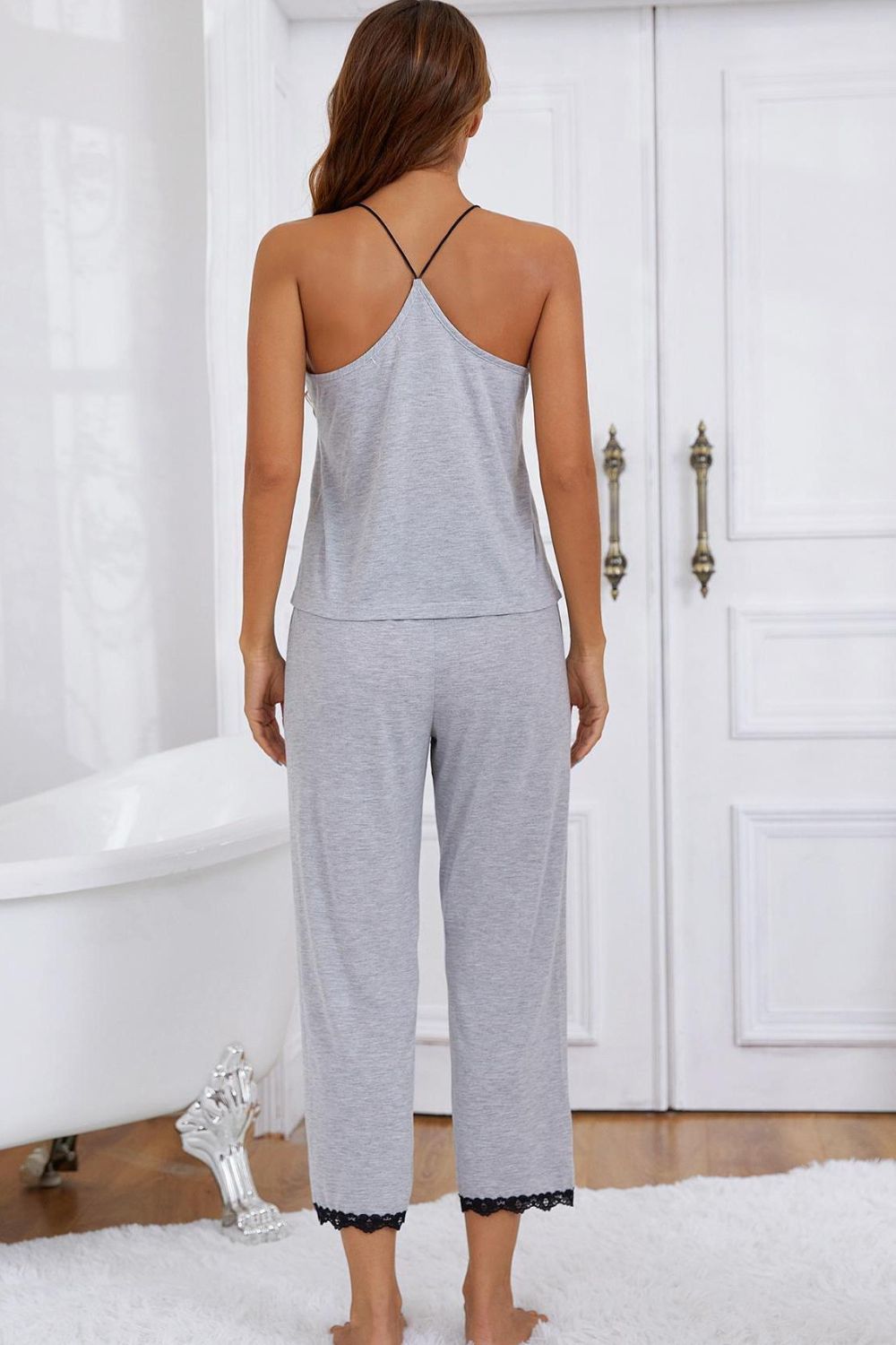 halter neck cami and lace trim pajama set