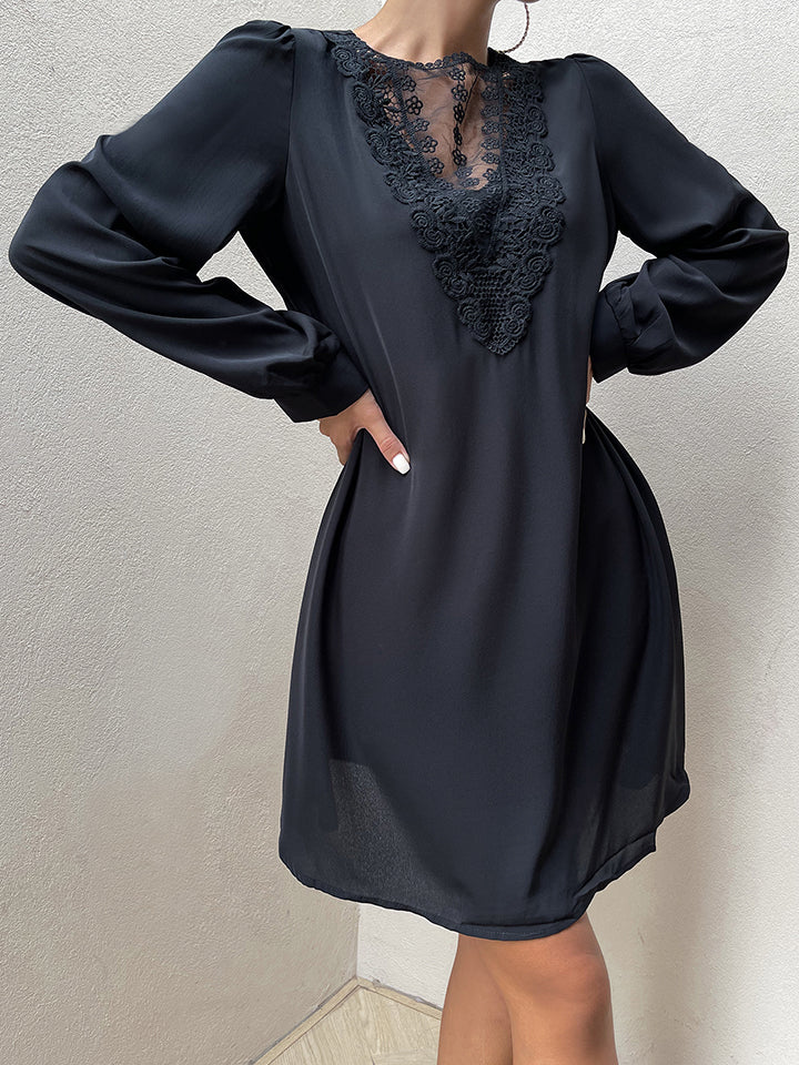 spliced lace puff sleeve mini dress