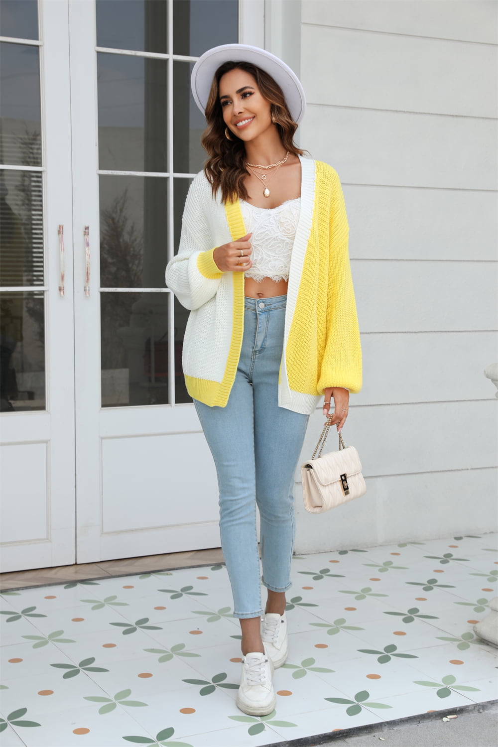 open front contrast color balloon sleeve cardigan