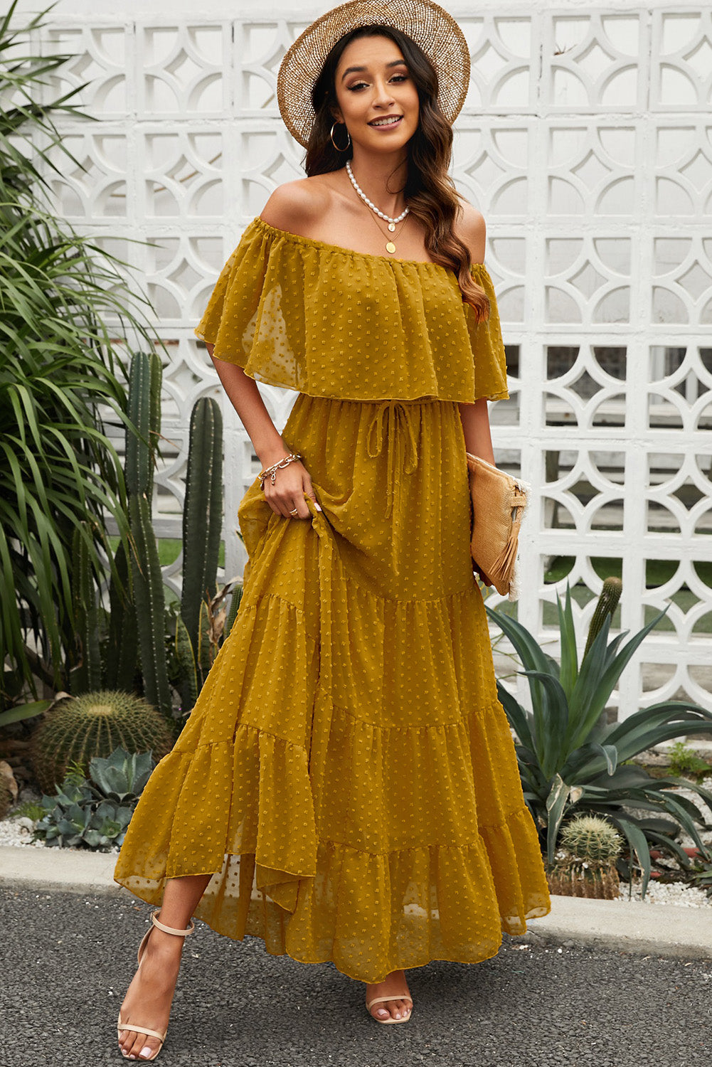 swiss dot off-shoulder tiered maxi dress