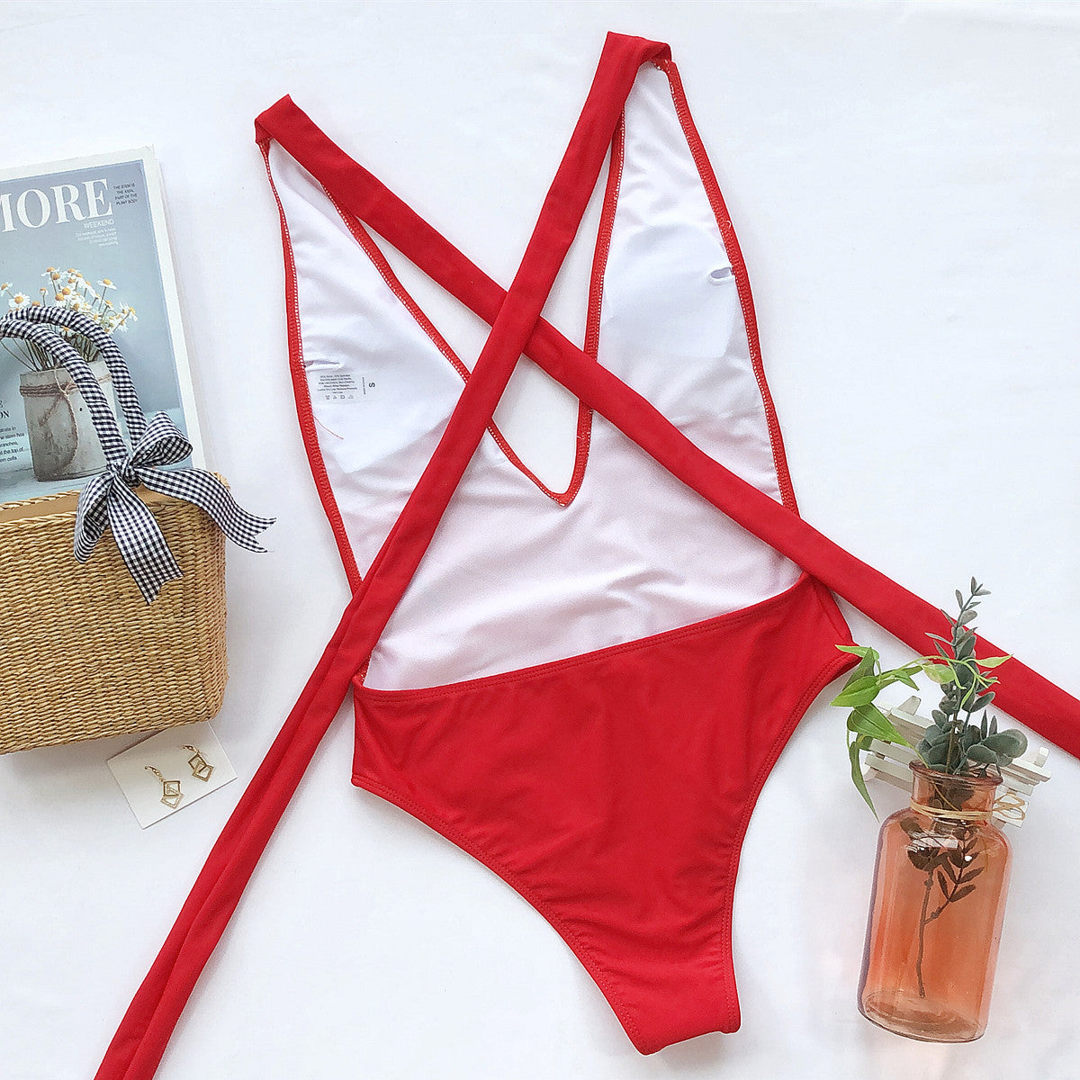 halter neck deep v tied one-piece swimsuit