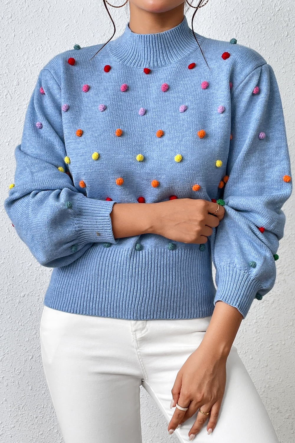 pom-pom trim mock neck long sleeve pullover sweater