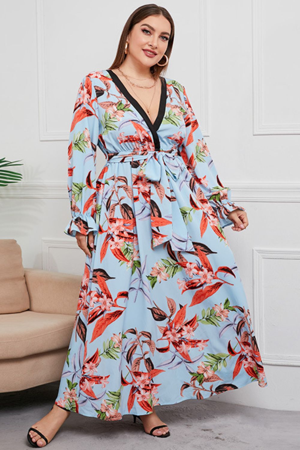 plus size belted surplice flounce sleeve maxi dress