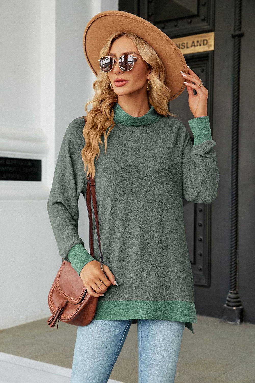 turtle neck long sleeve slit blouse