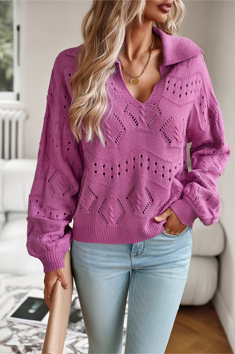 openwork long sleeve notched neck sweater