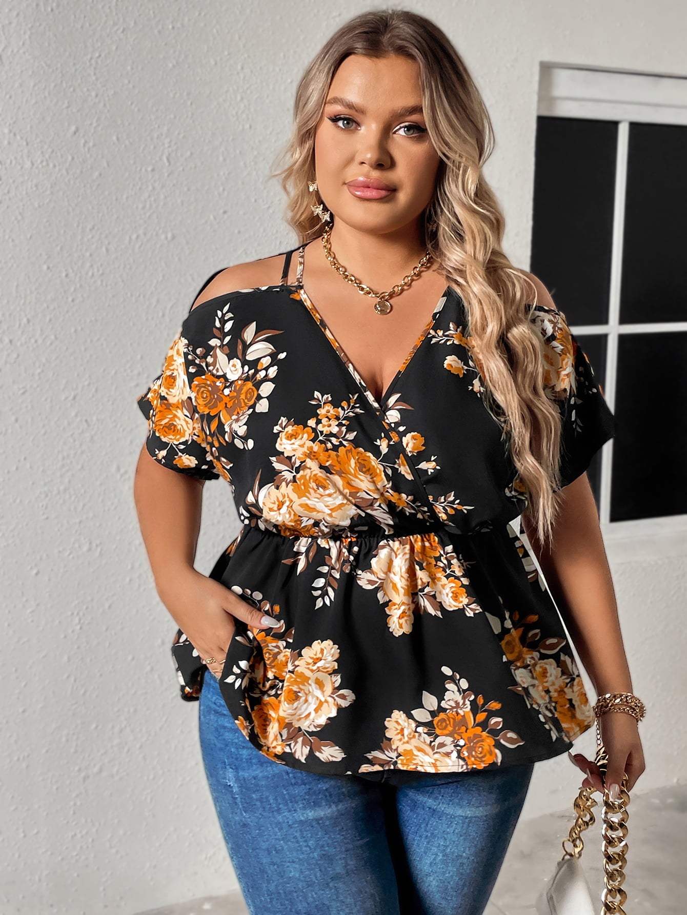 plus size floral print cold shoulder surplice neck blouse