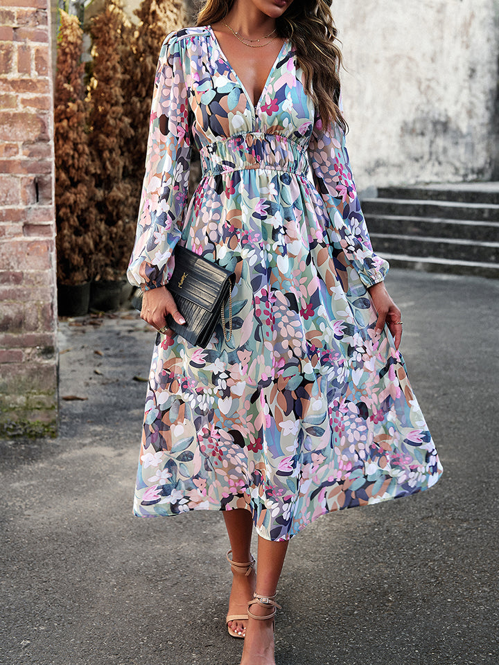 printed v-neck long sleeve midi dress