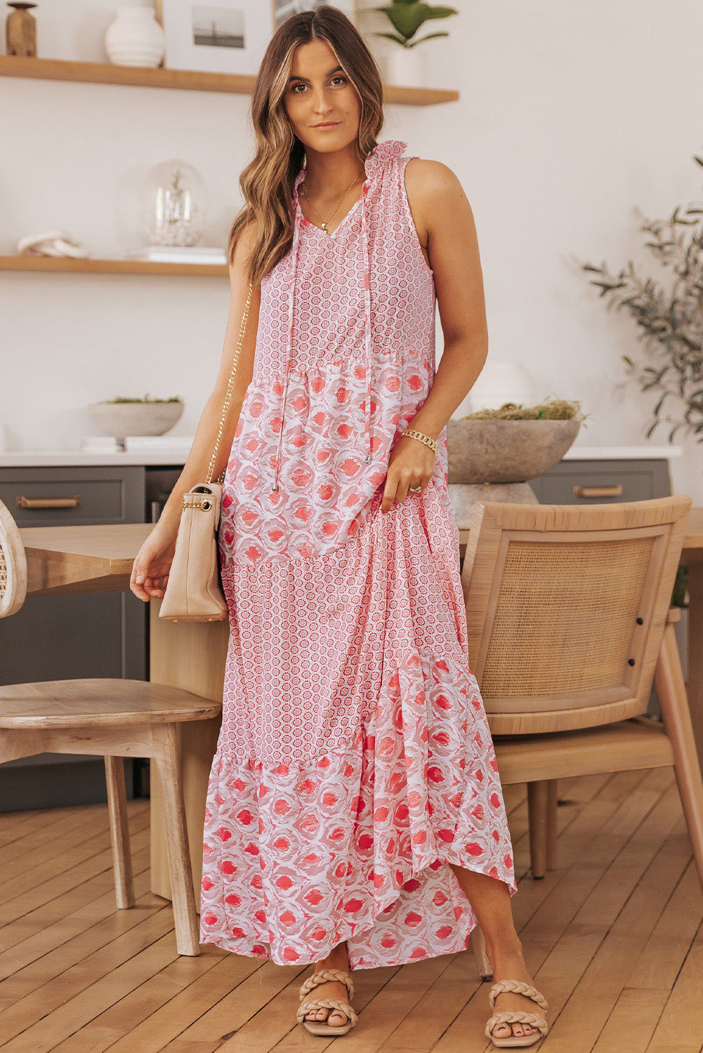 mixed print tie-neck sleeveless maxi dress