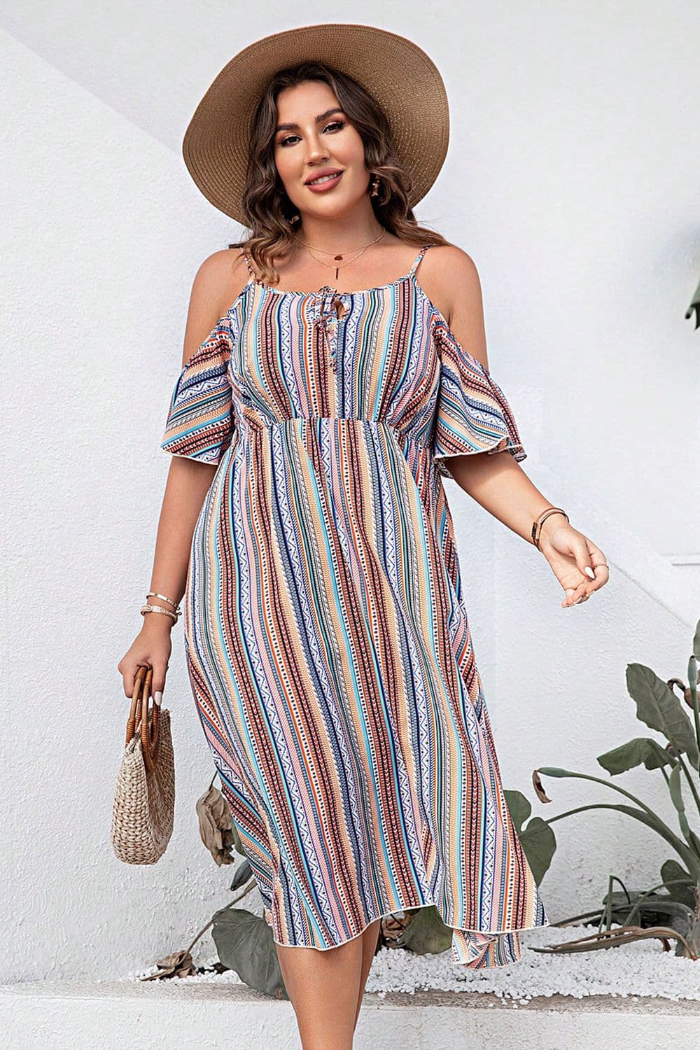 plus size striped cold-shoulder dress