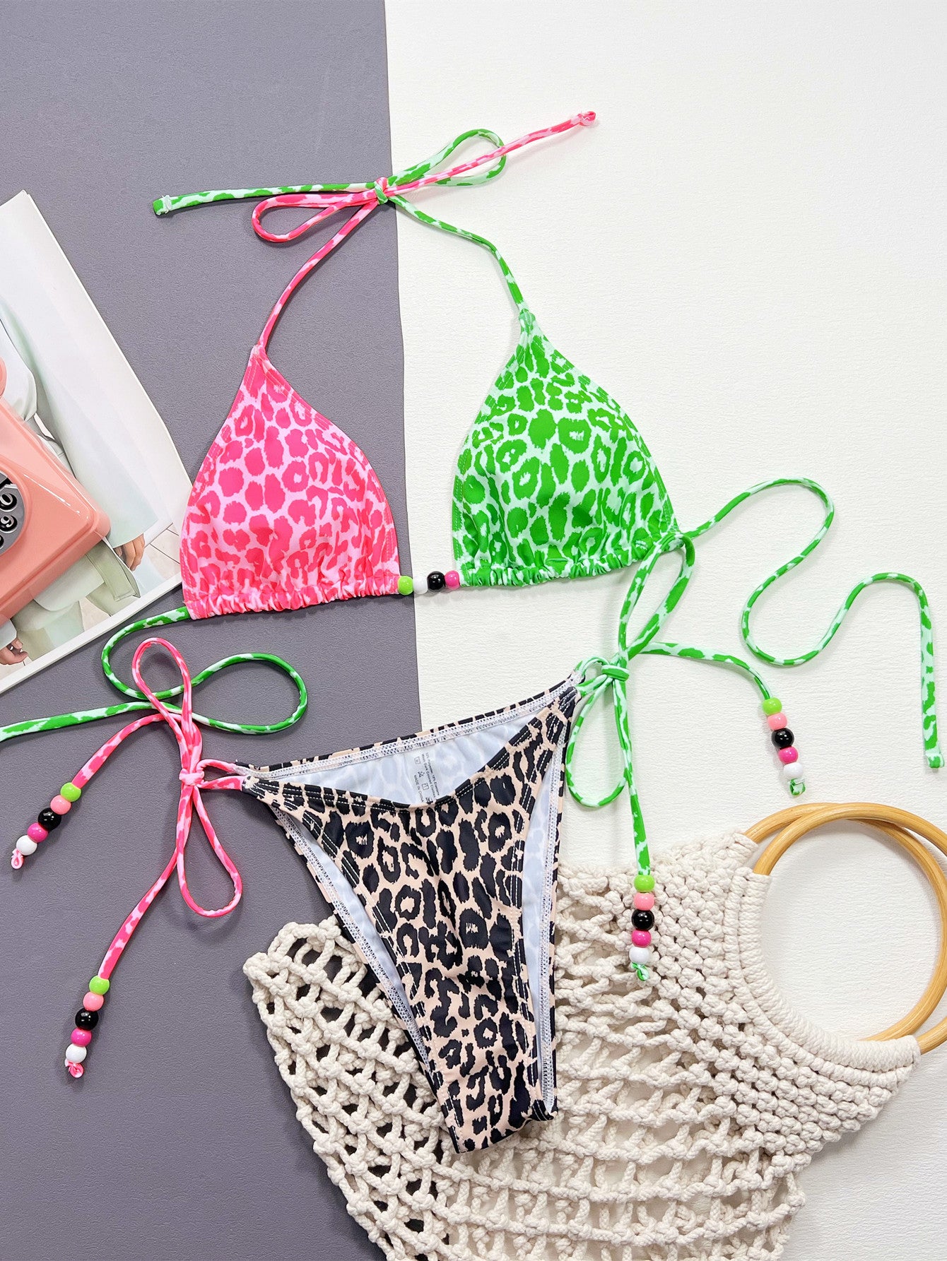leopard tied halter neck bikini set