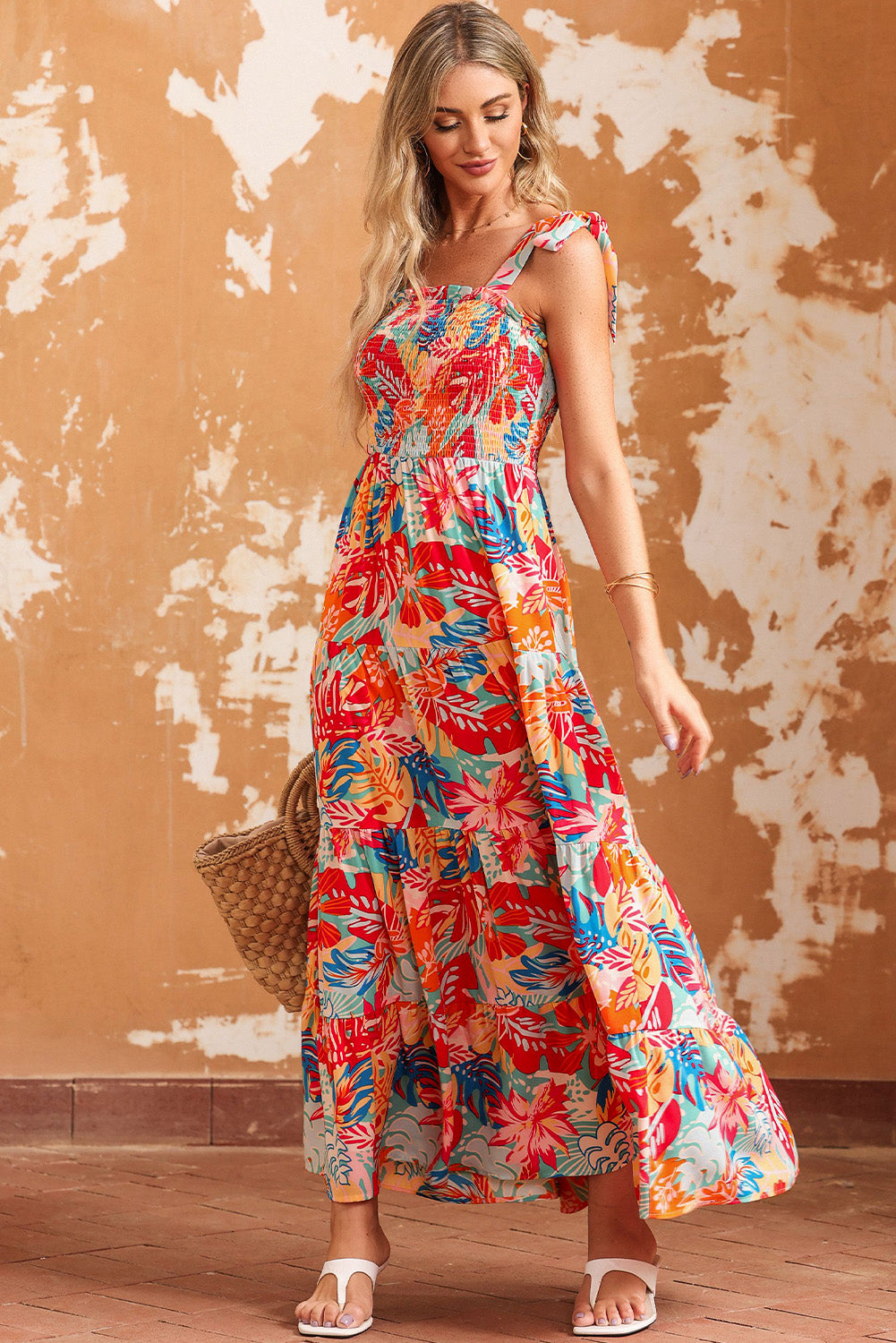 printed tie shoulder smocked tiered maxi dress