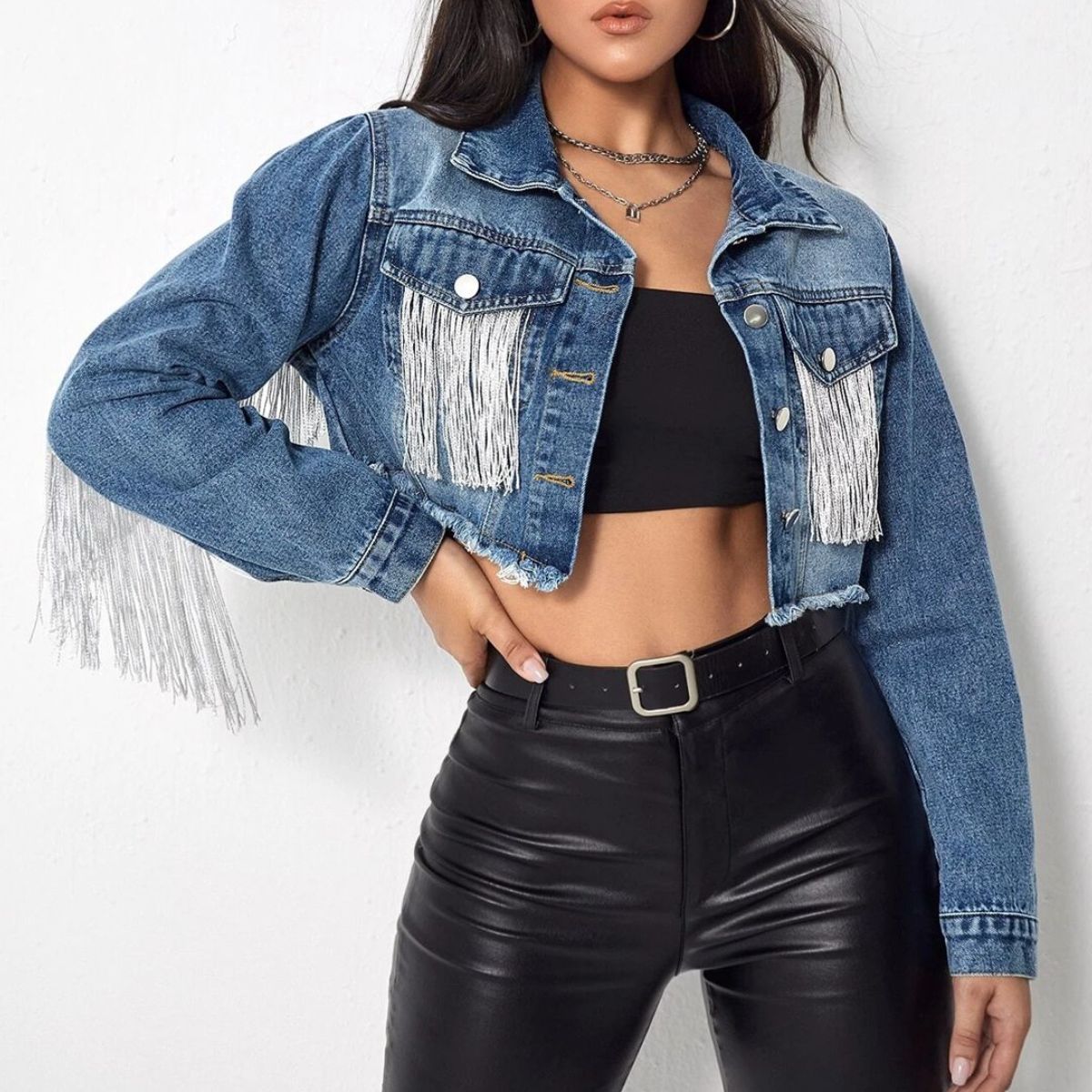 fringe detail long sleeve cropped denim jacket