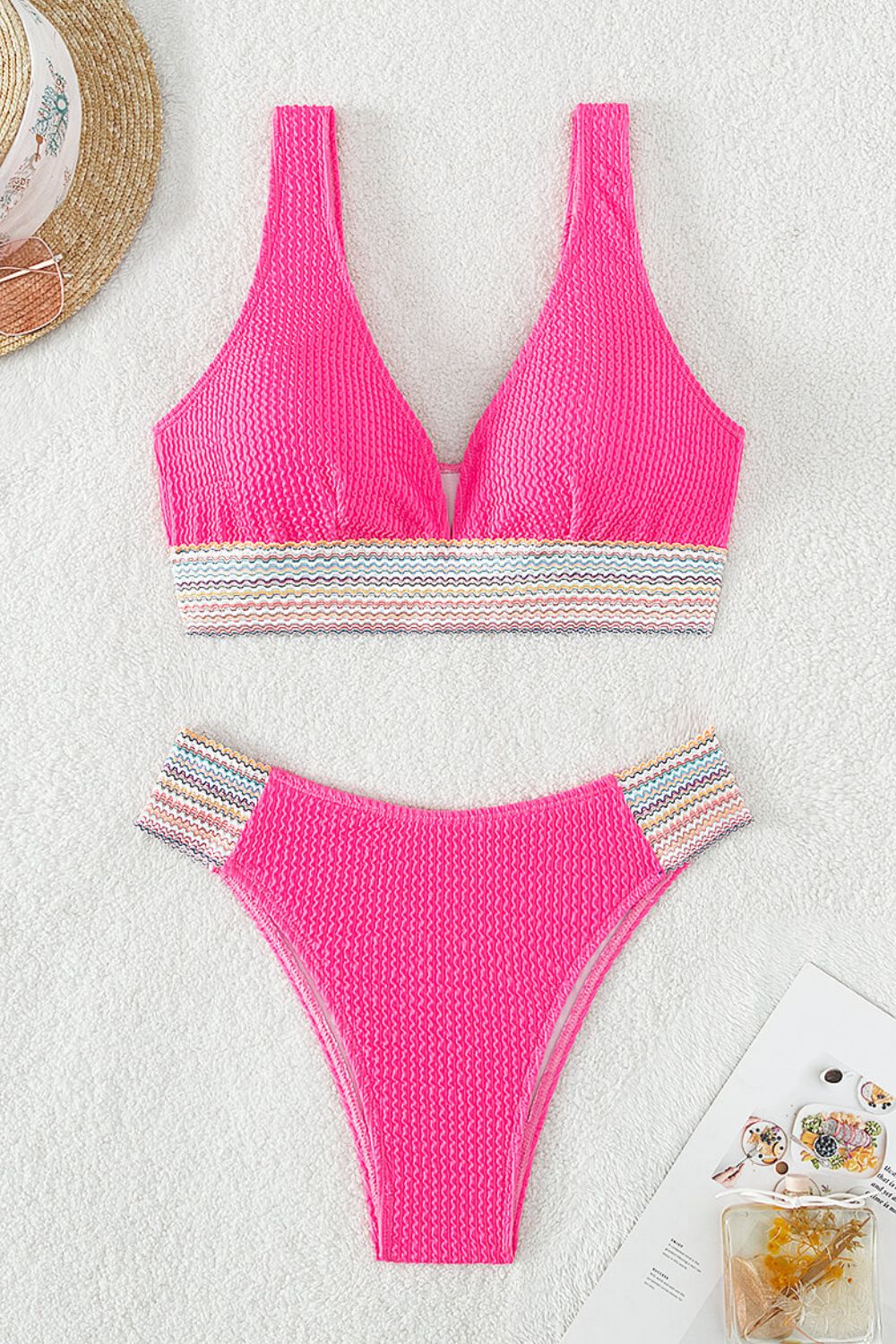 contrast textured high cut swim set