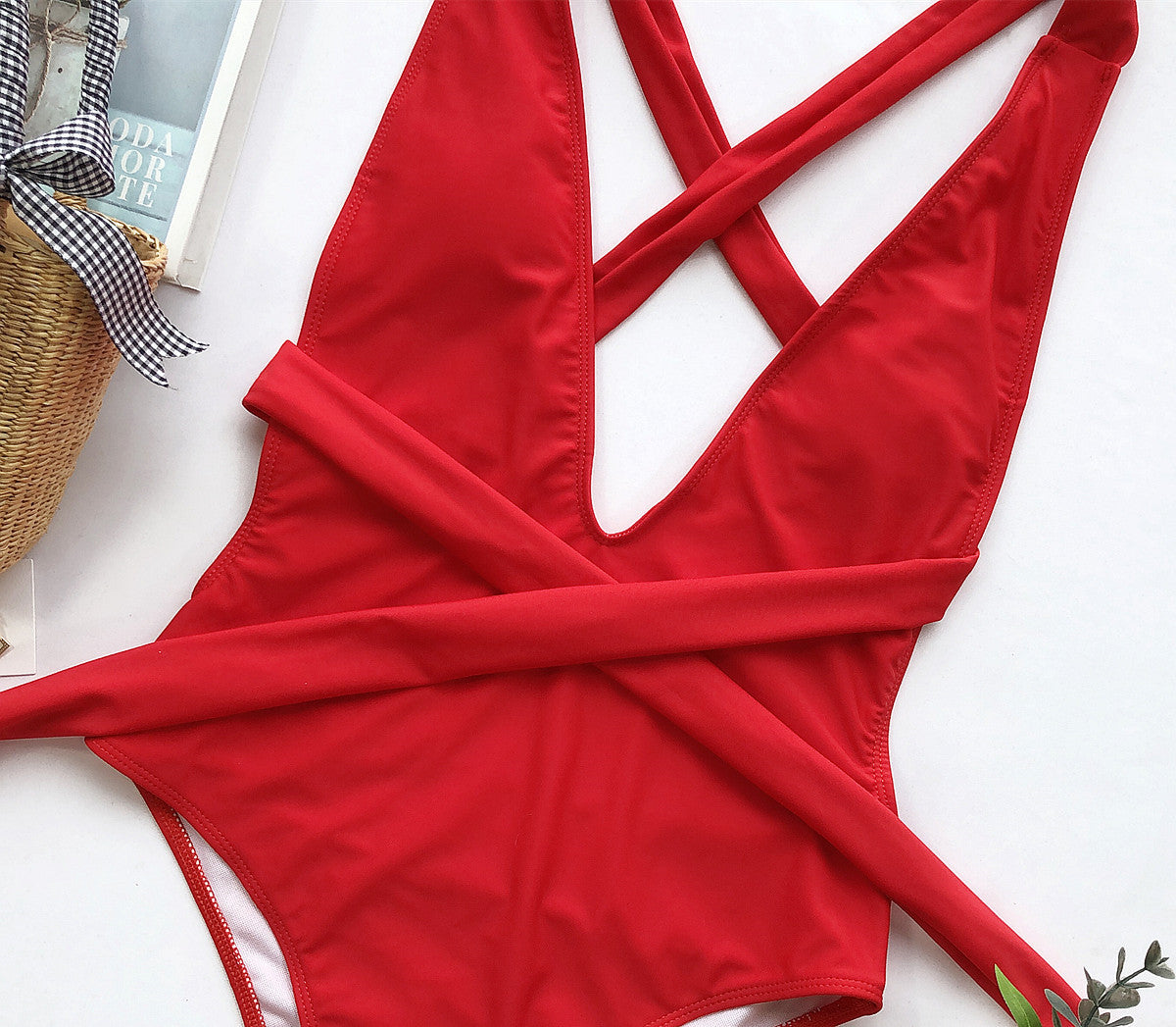 halter neck deep v tied one-piece swimsuit