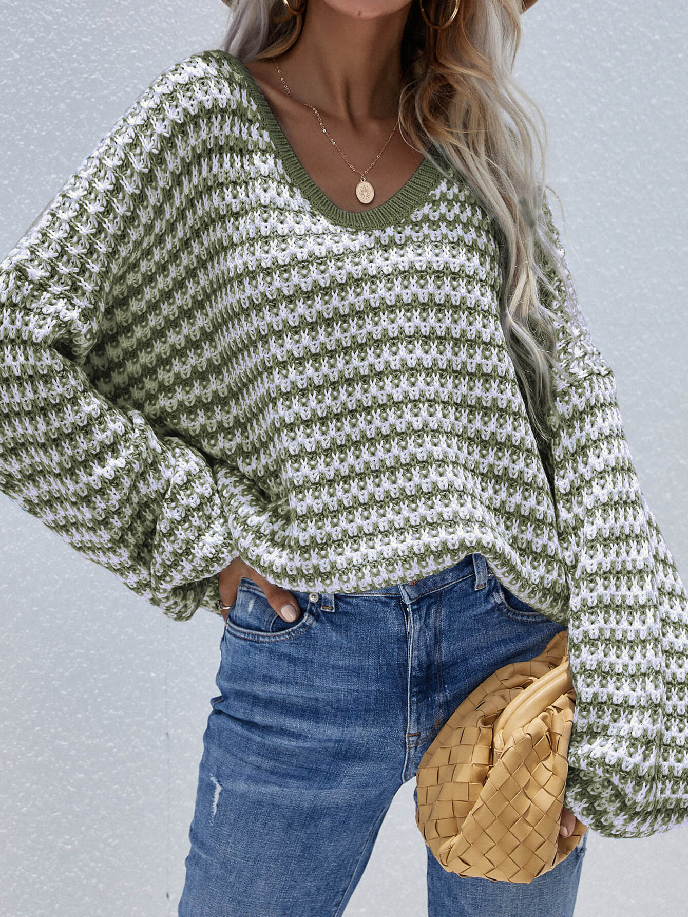 striped drop shoulder v-neck pullover sweater