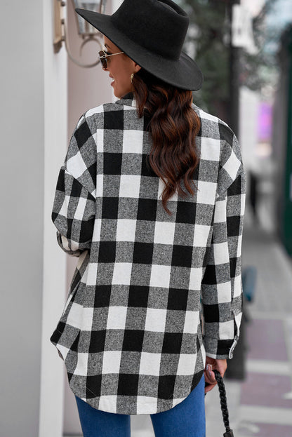 Plaid Curved Hem Dropped Shoulder Longline Shirt Jacket