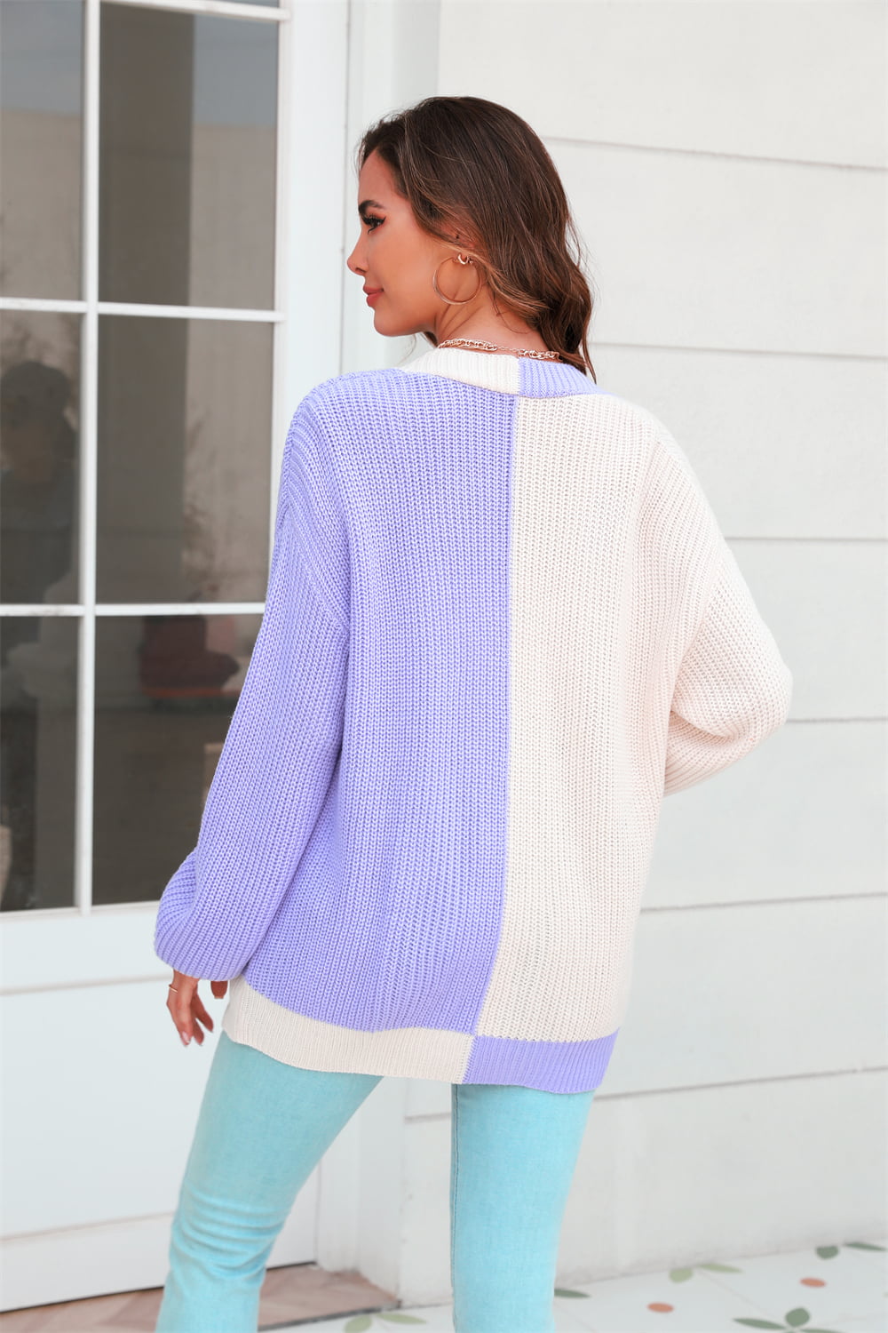 open front contrast color balloon sleeve cardigan