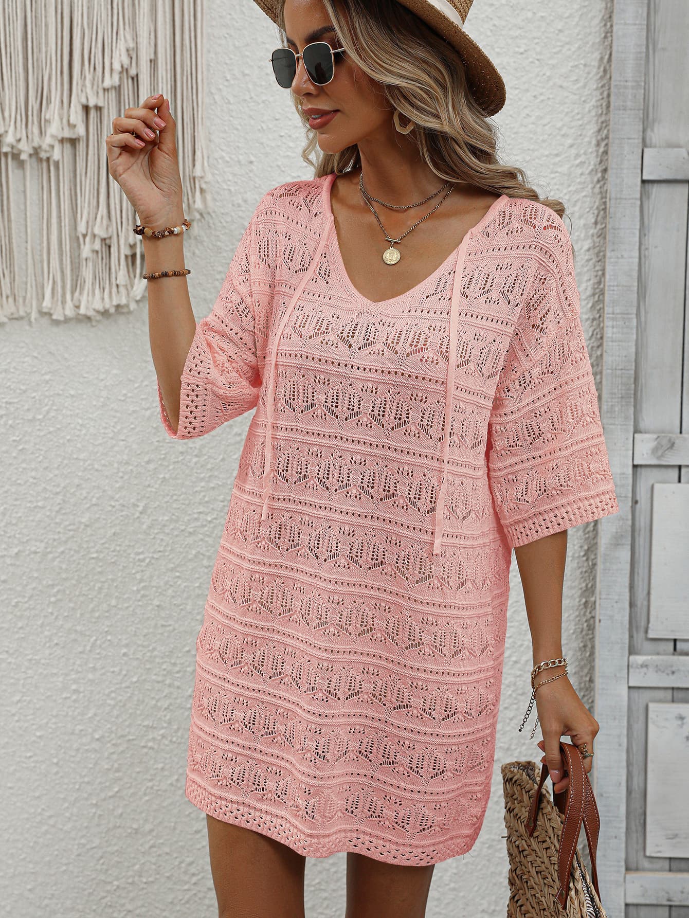 openwork v-neck mini knit dress