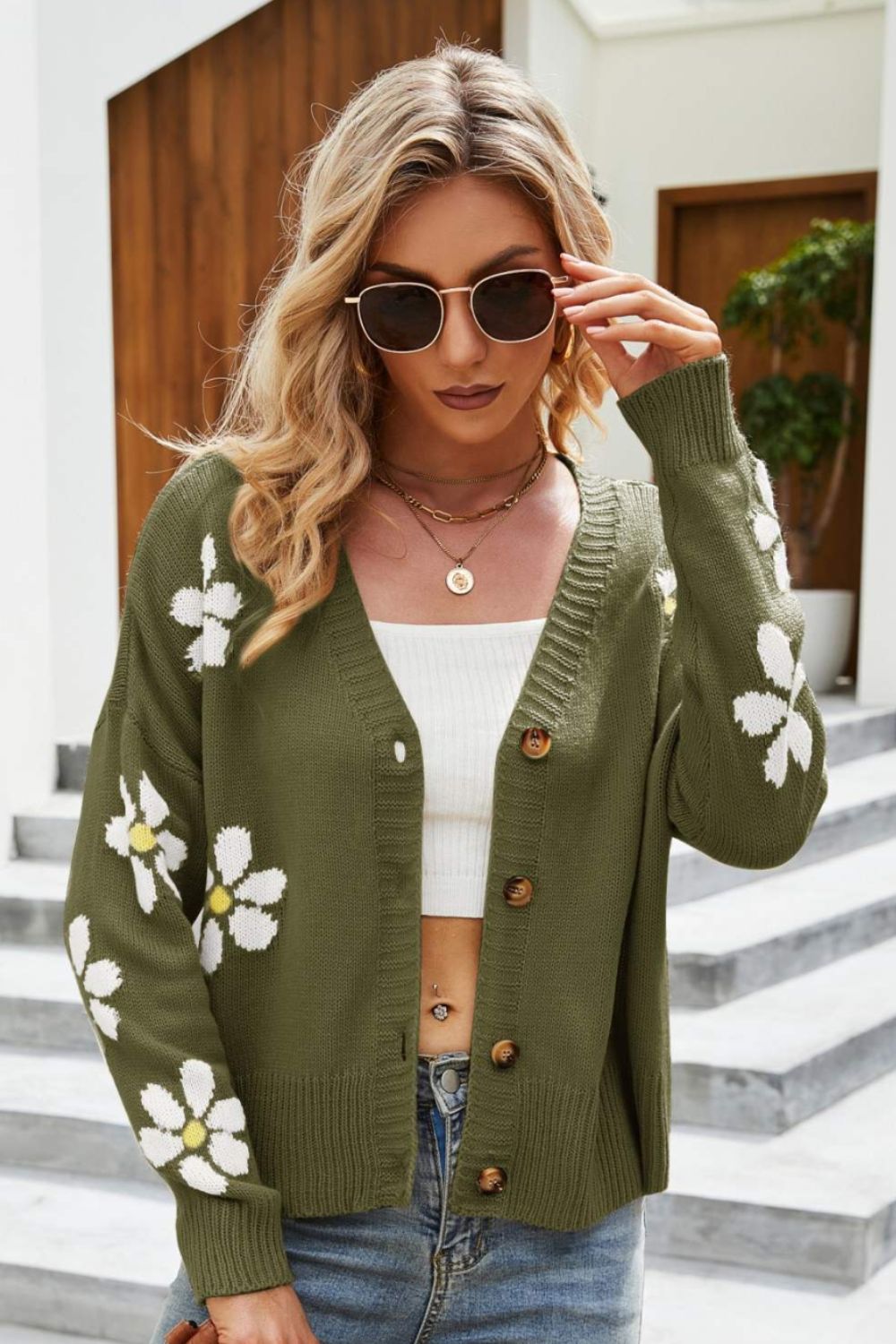 floral ribbed trim drop shoulder cardigan