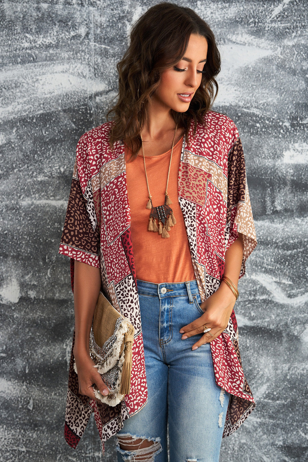 leopard patchwork open front cardigan