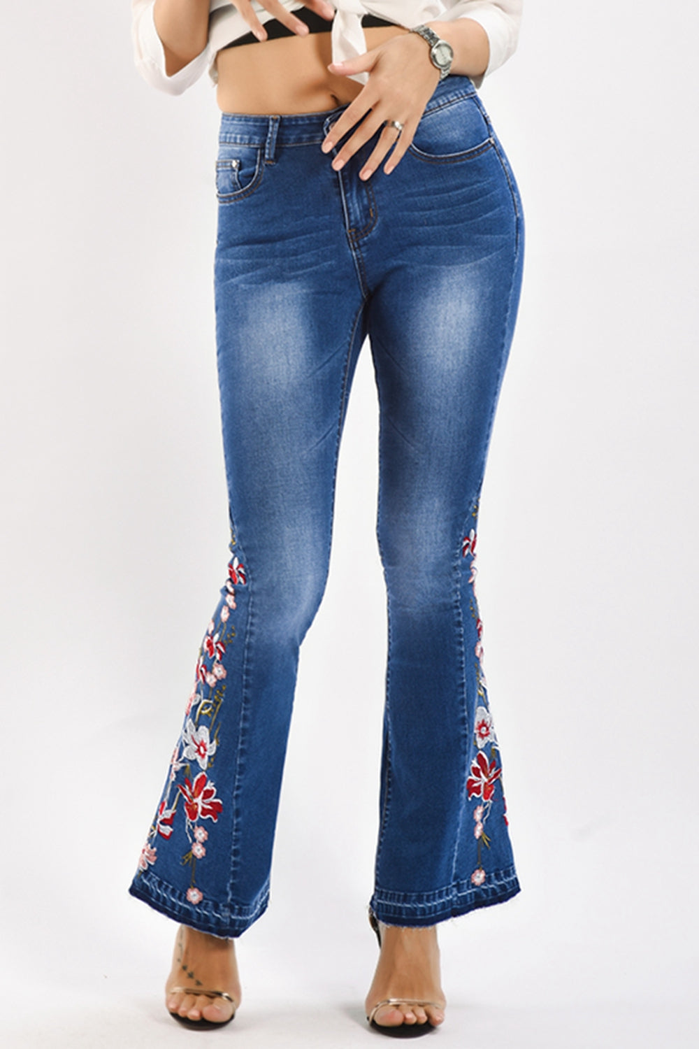 full size flower embroidery wide leg jeans