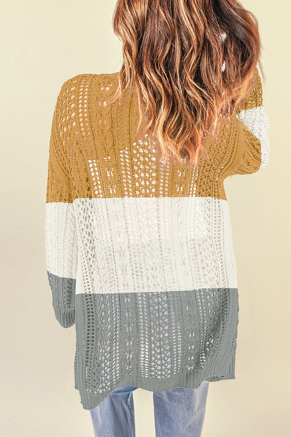 double take openwork ribbed cuff longline cardigan