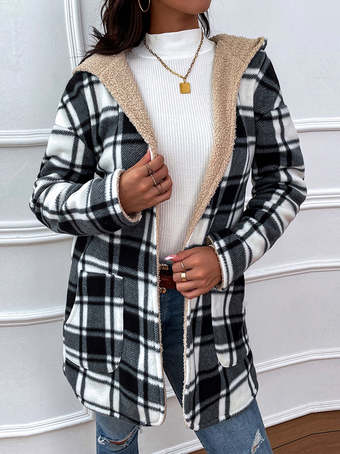 plaid hooded longline coat