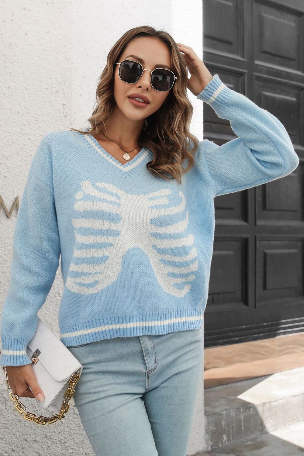 skeleton pattern v-neck long sleeve pullover sweater