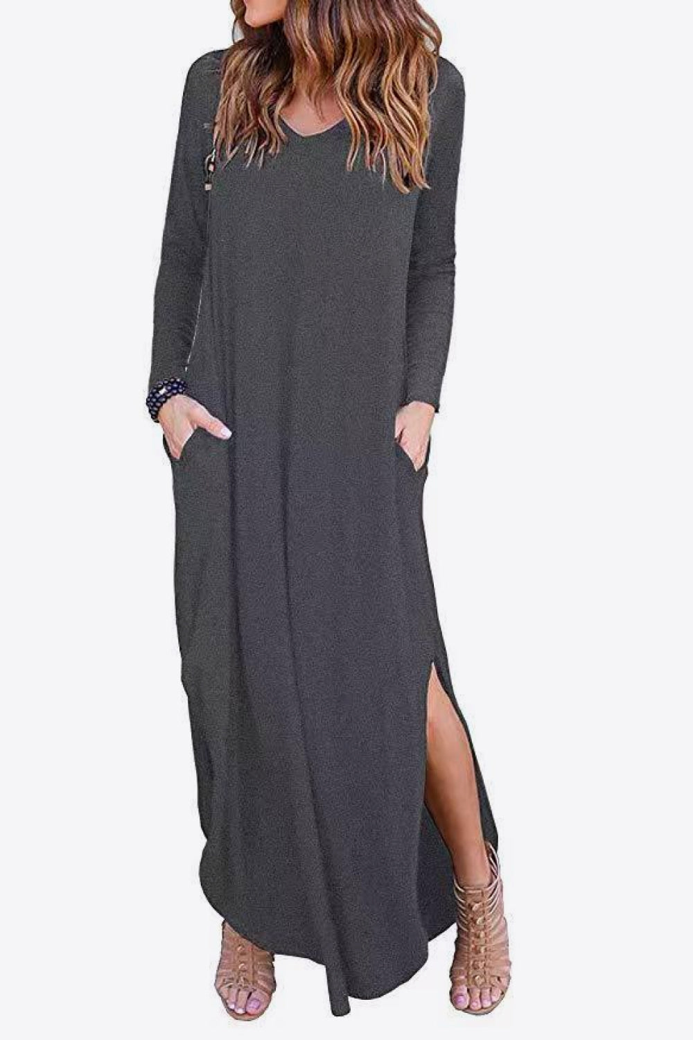 split long sleeve v-neck maxi dress