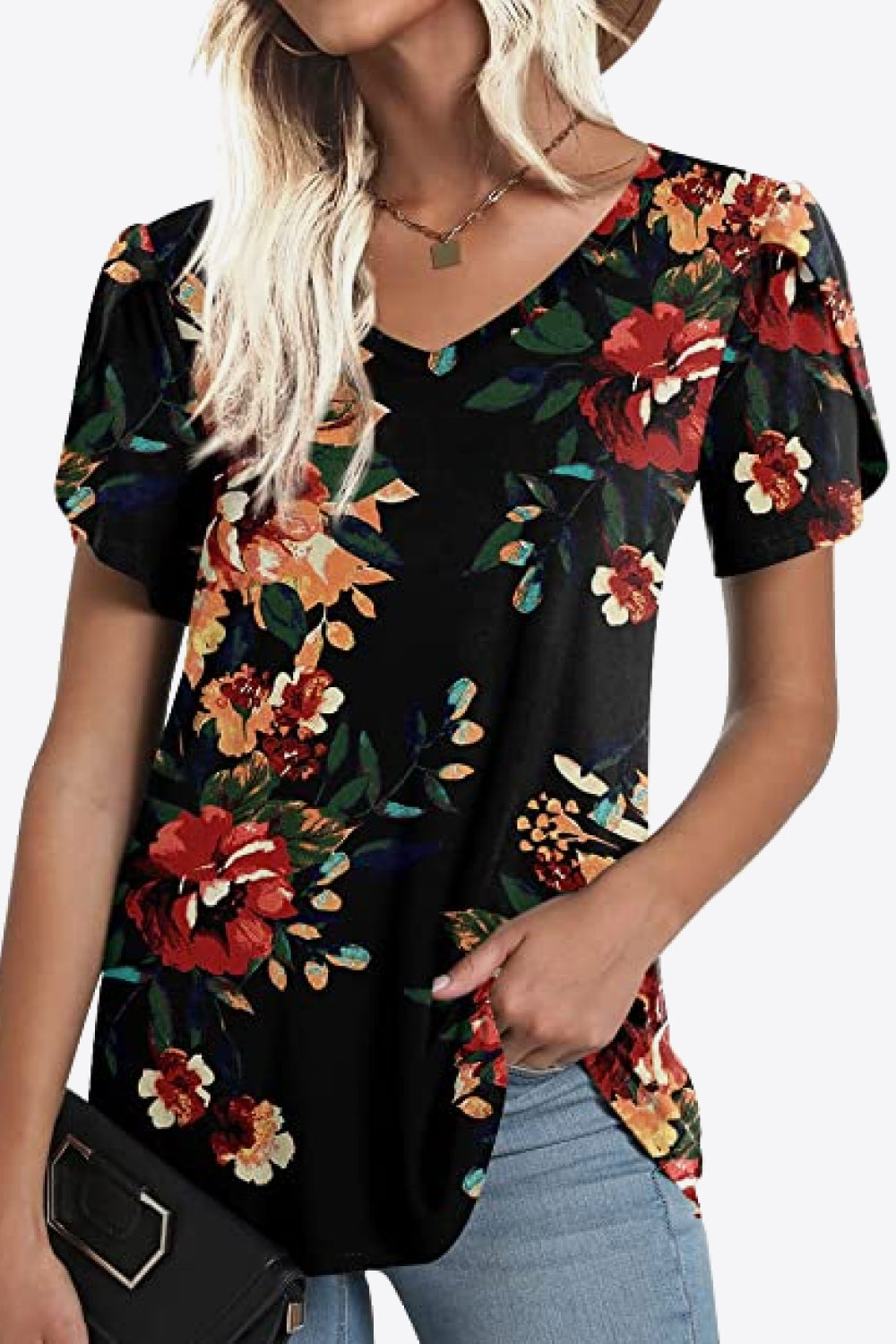 printed petal sleeve v-neck blouse