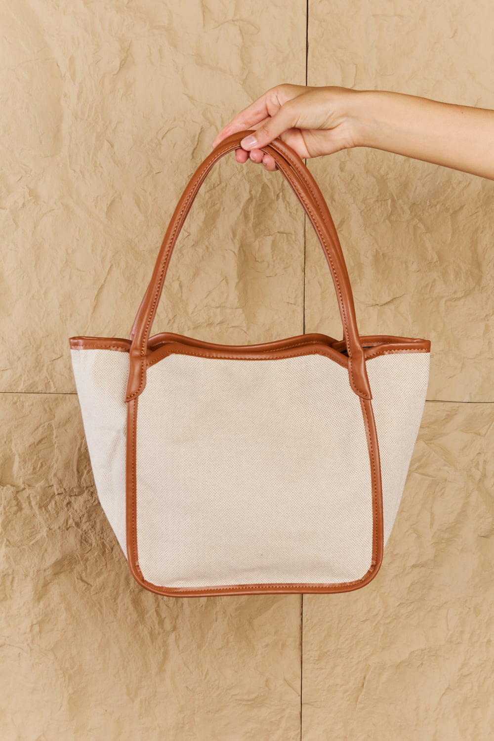 fame beach chic faux leather trim tote bag in ochre