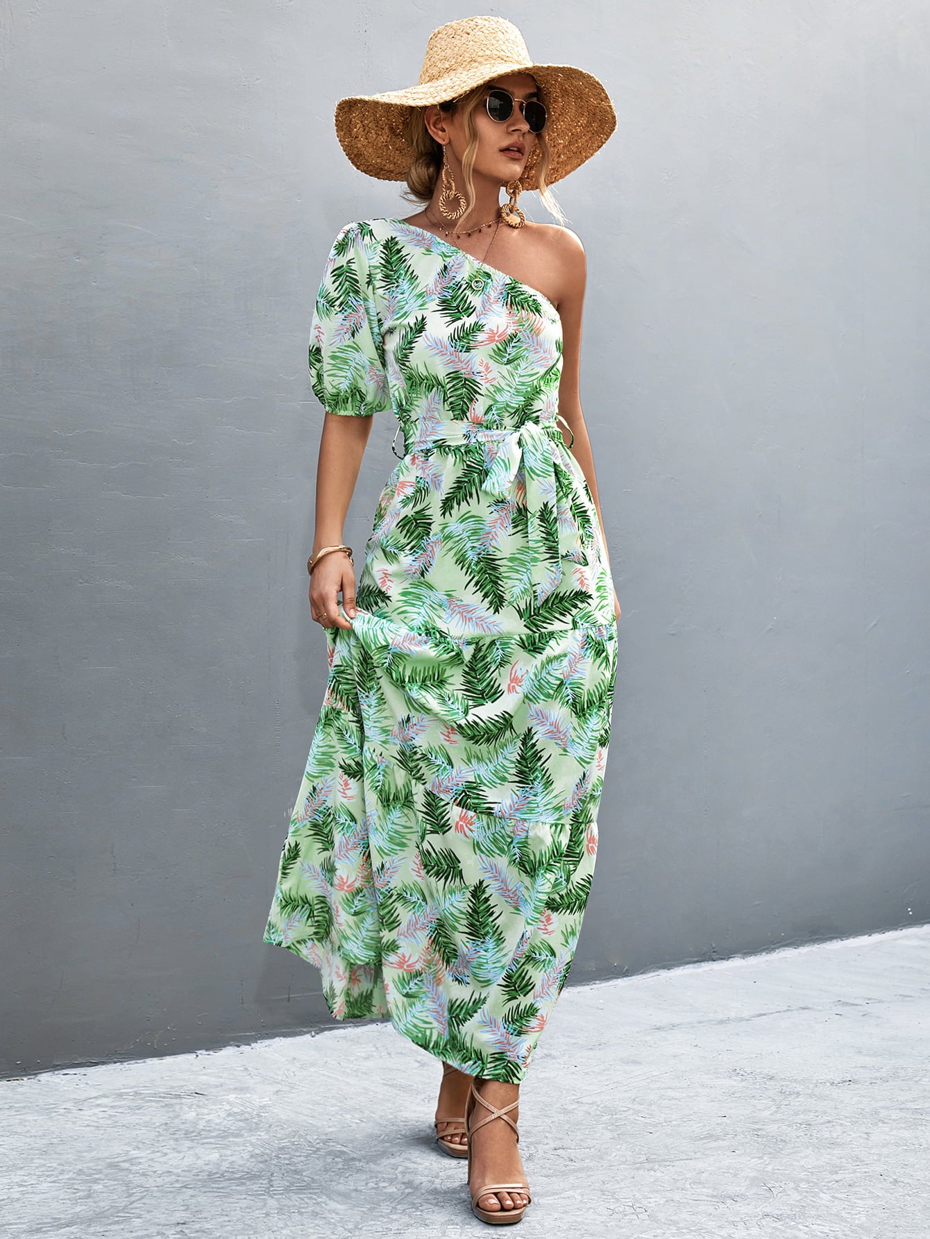 printed tie waist one shoulder maxi dress