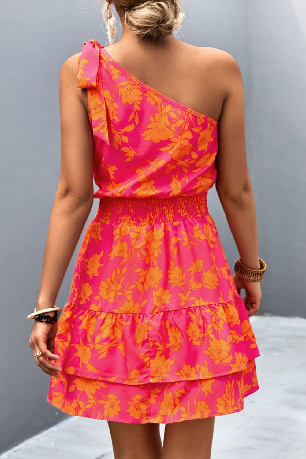 floral smocked waist tied one-shoulder dress