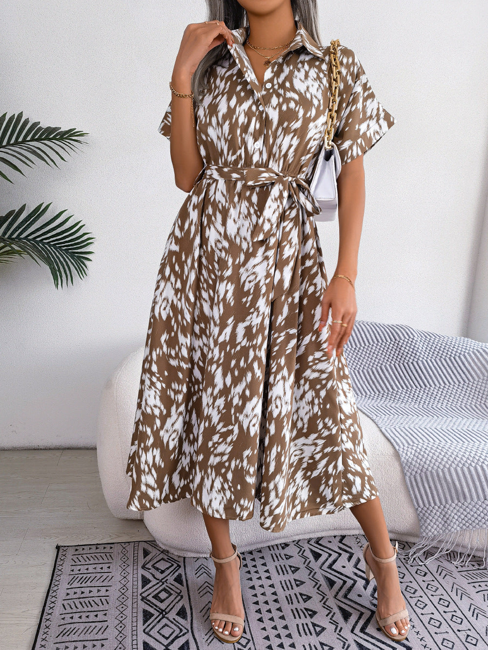 printed collared neck short sleeve tie waist dress