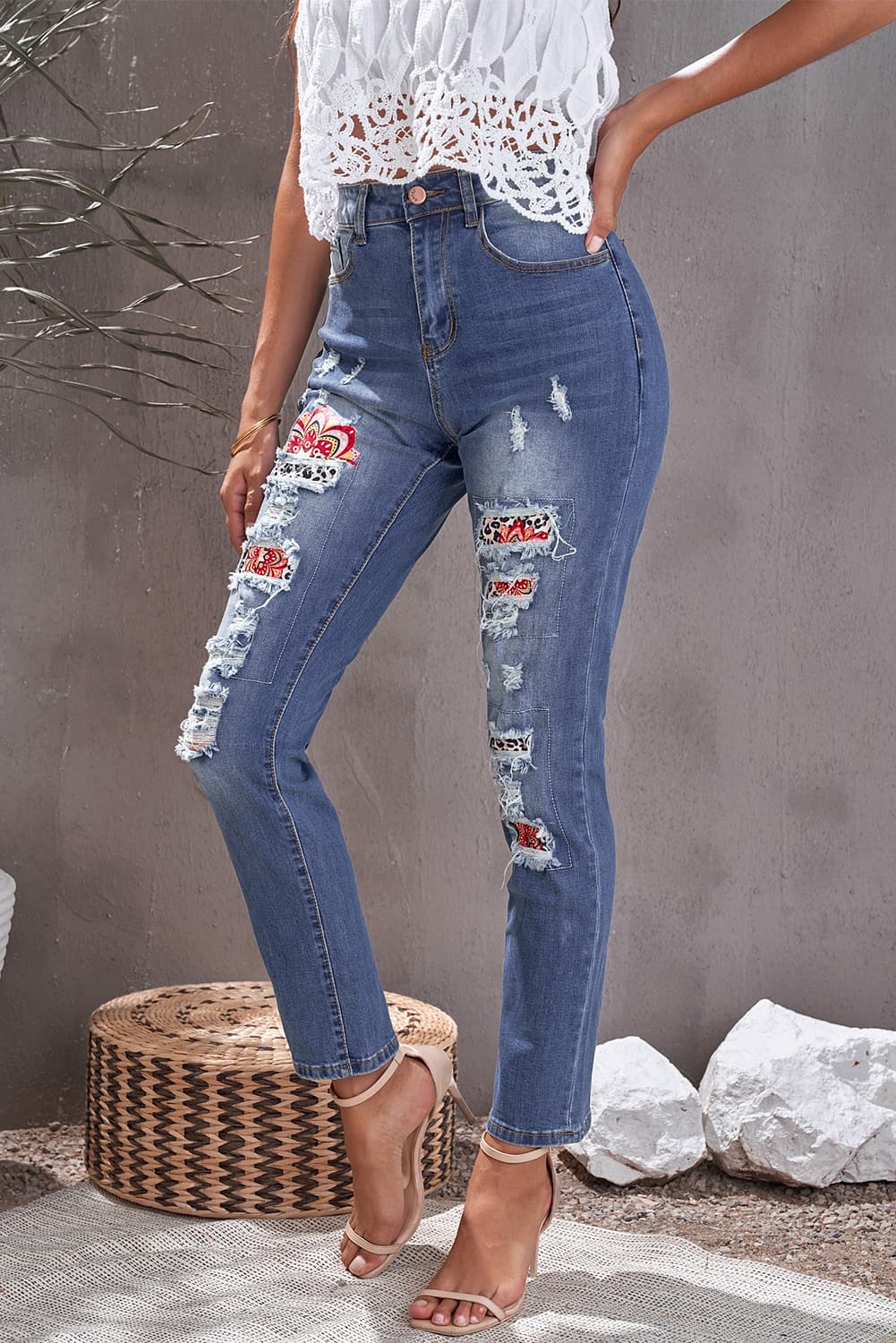 baeful leopard patch ankle-length jeans