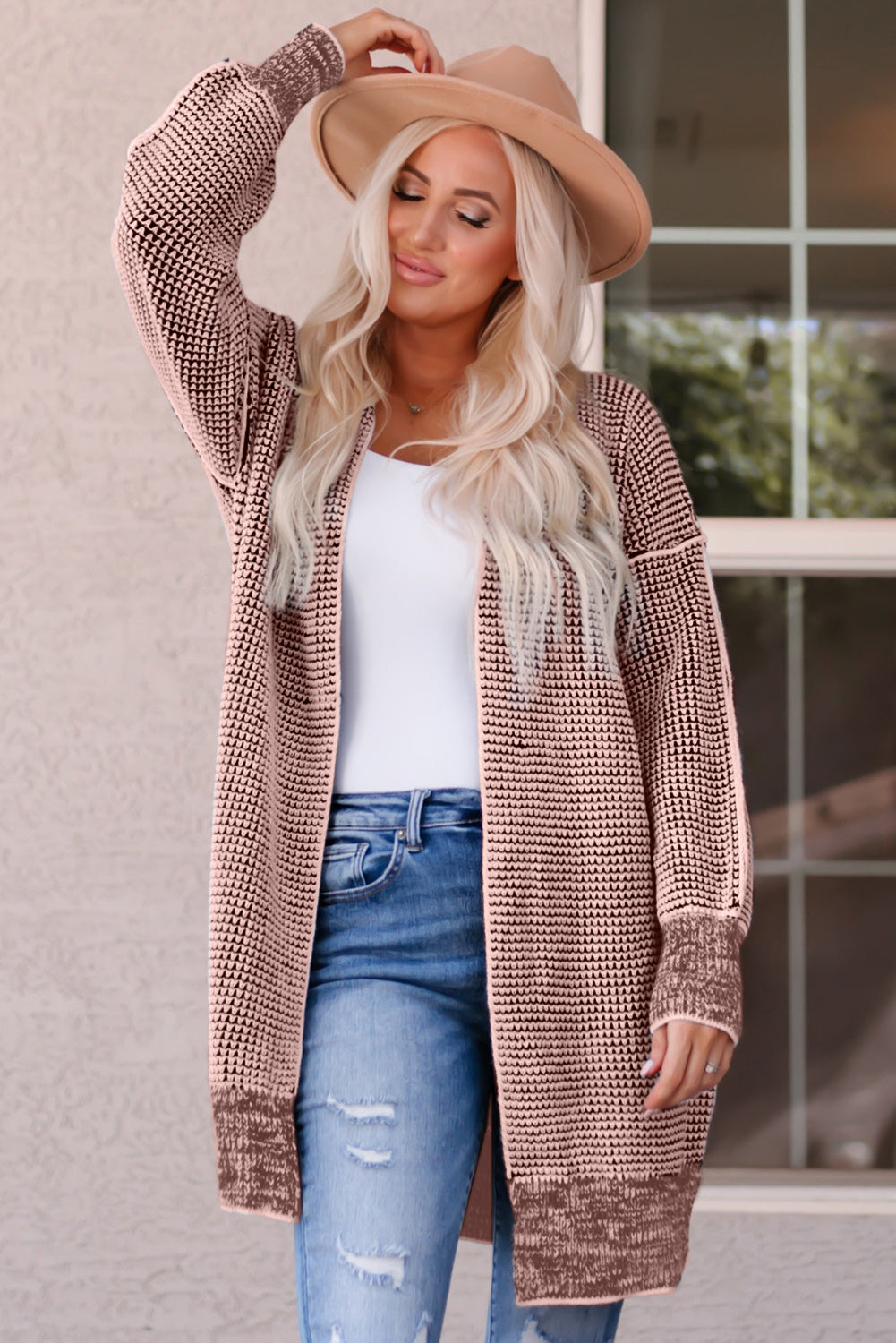 woven right heathered open front longline cardigan