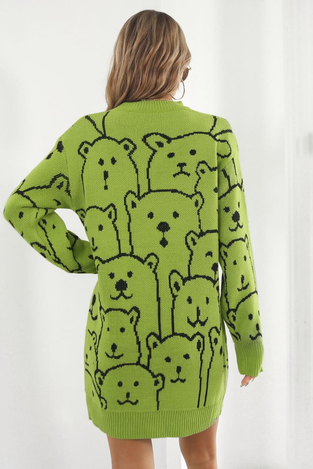 bear pattern round neck sweater dress