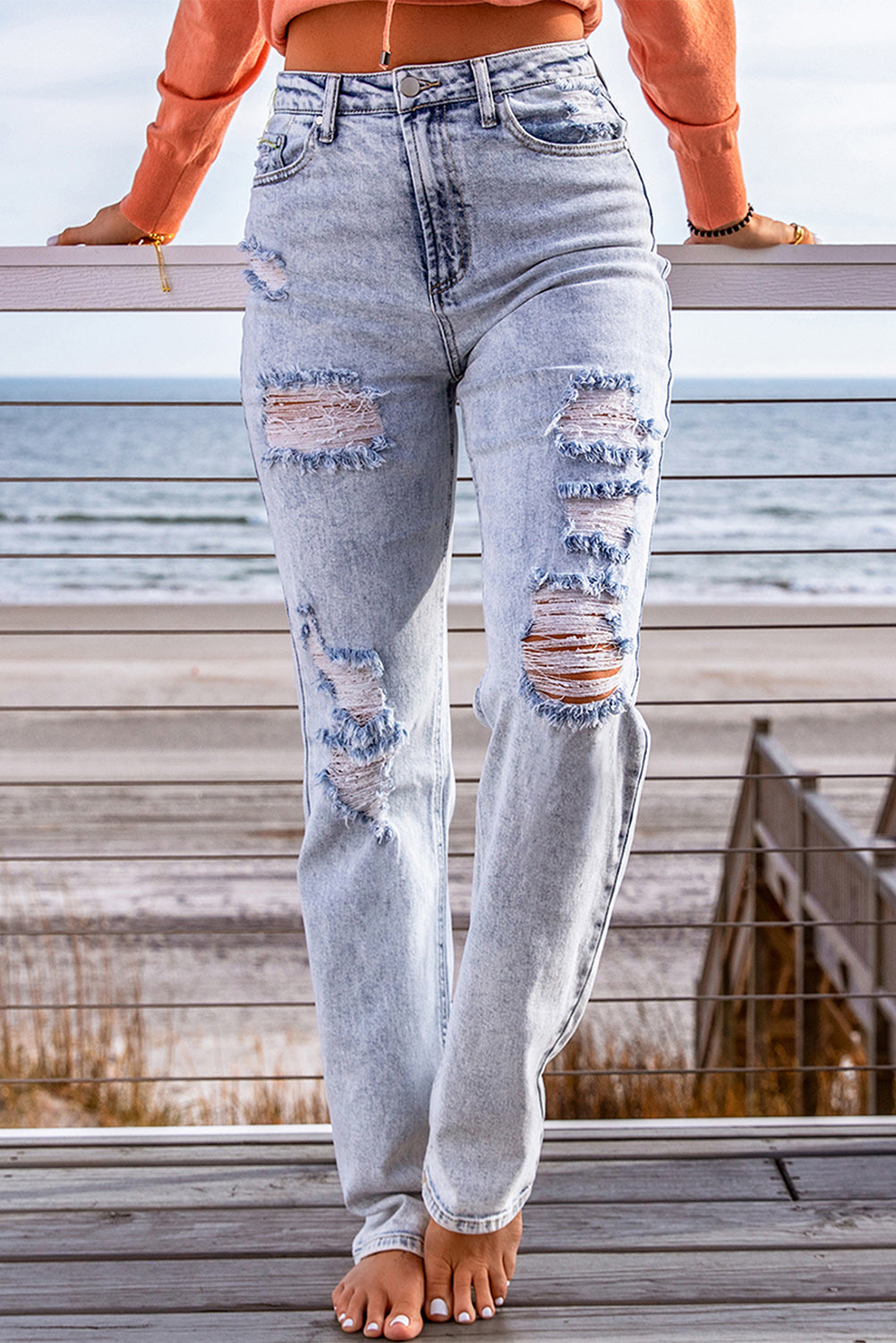 distressed straight leg jeans with pockets