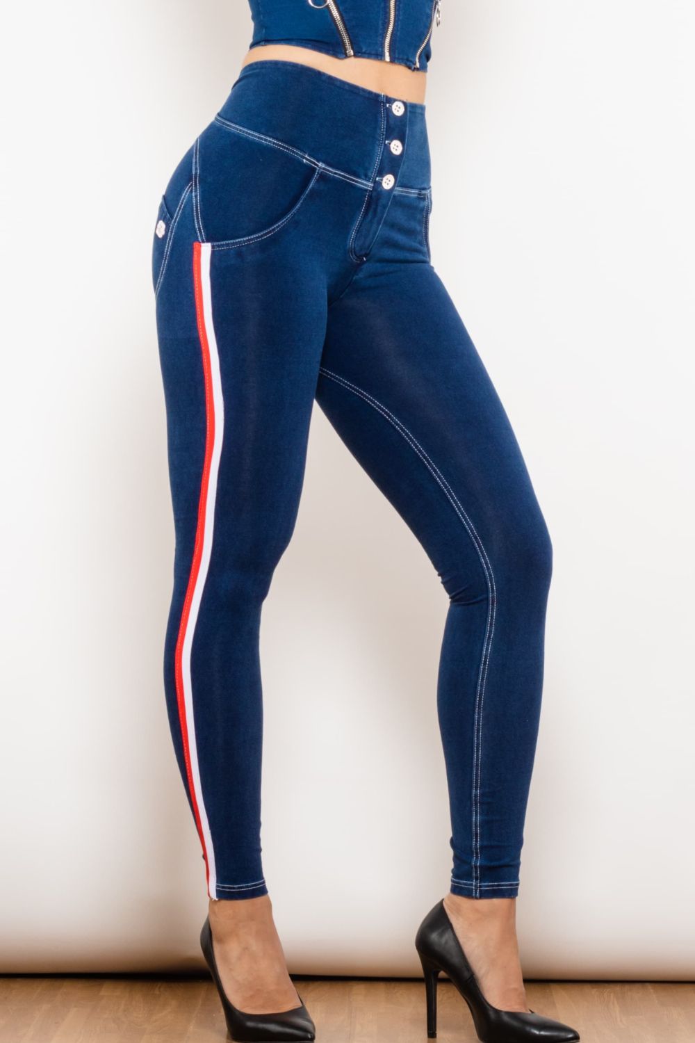 side stripe buttoned high waist skinny jeans