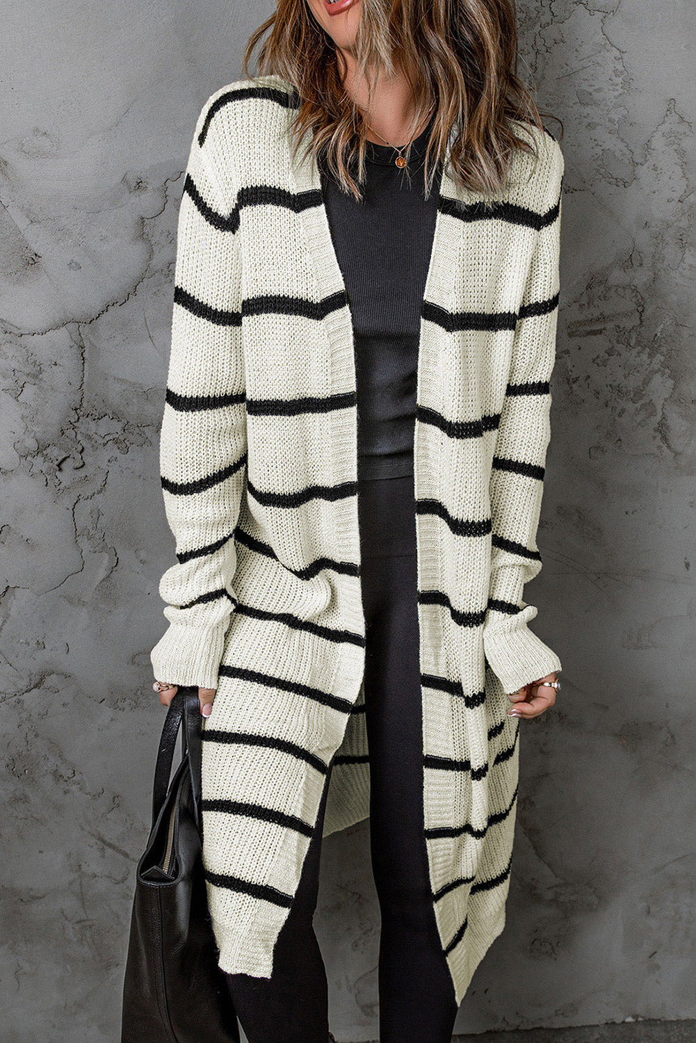 woven right striped open front rib-knit duster cardigan