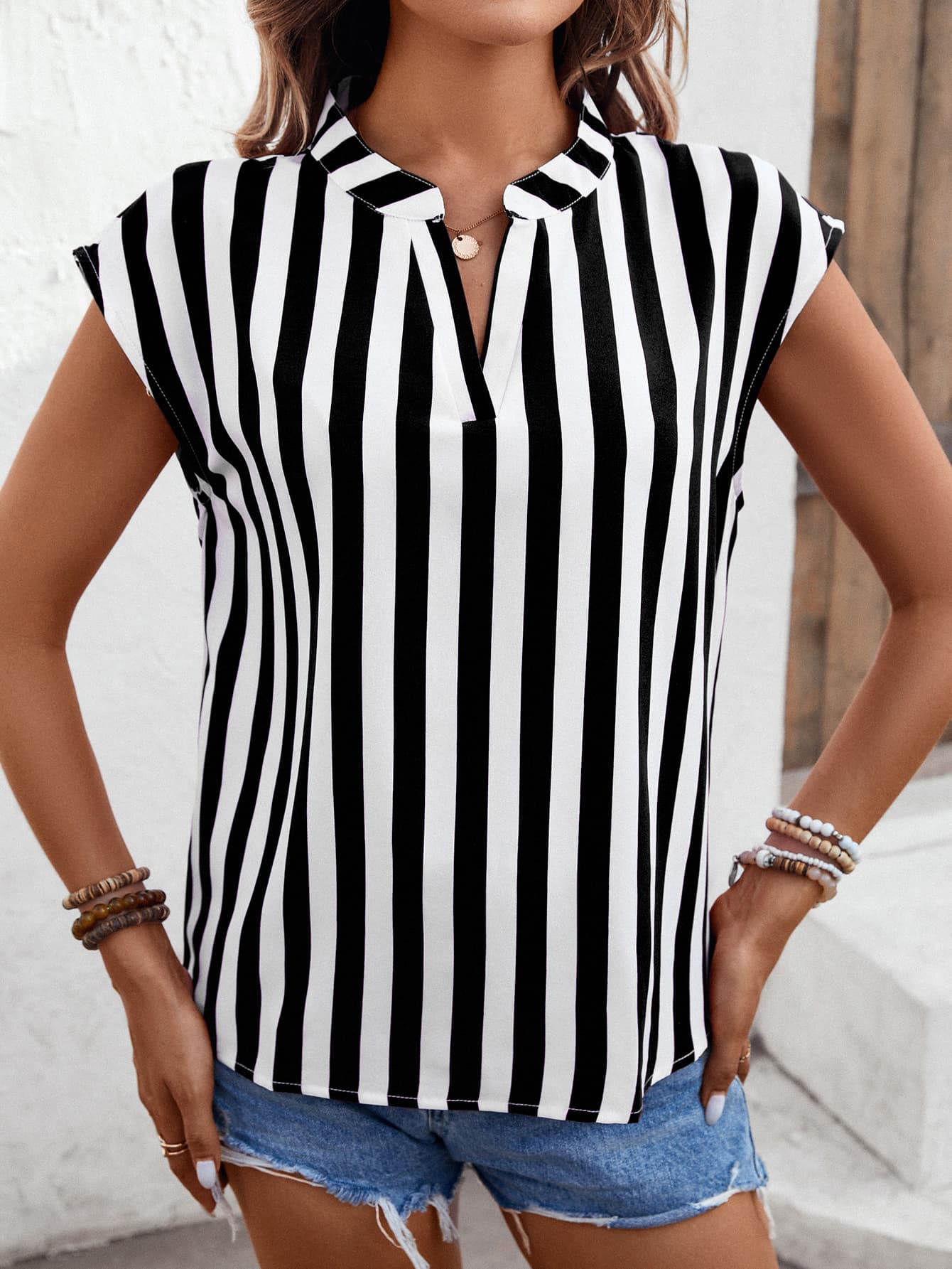 striped notched neck cap sleeve blouse