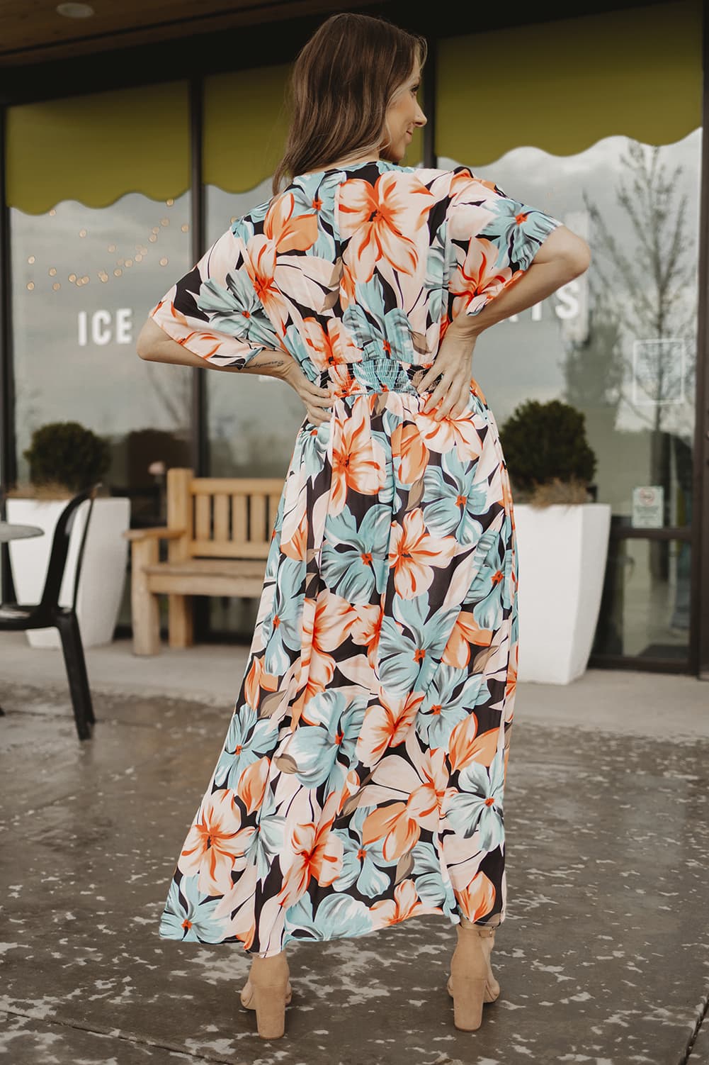 floral slit plunge short sleeve dress