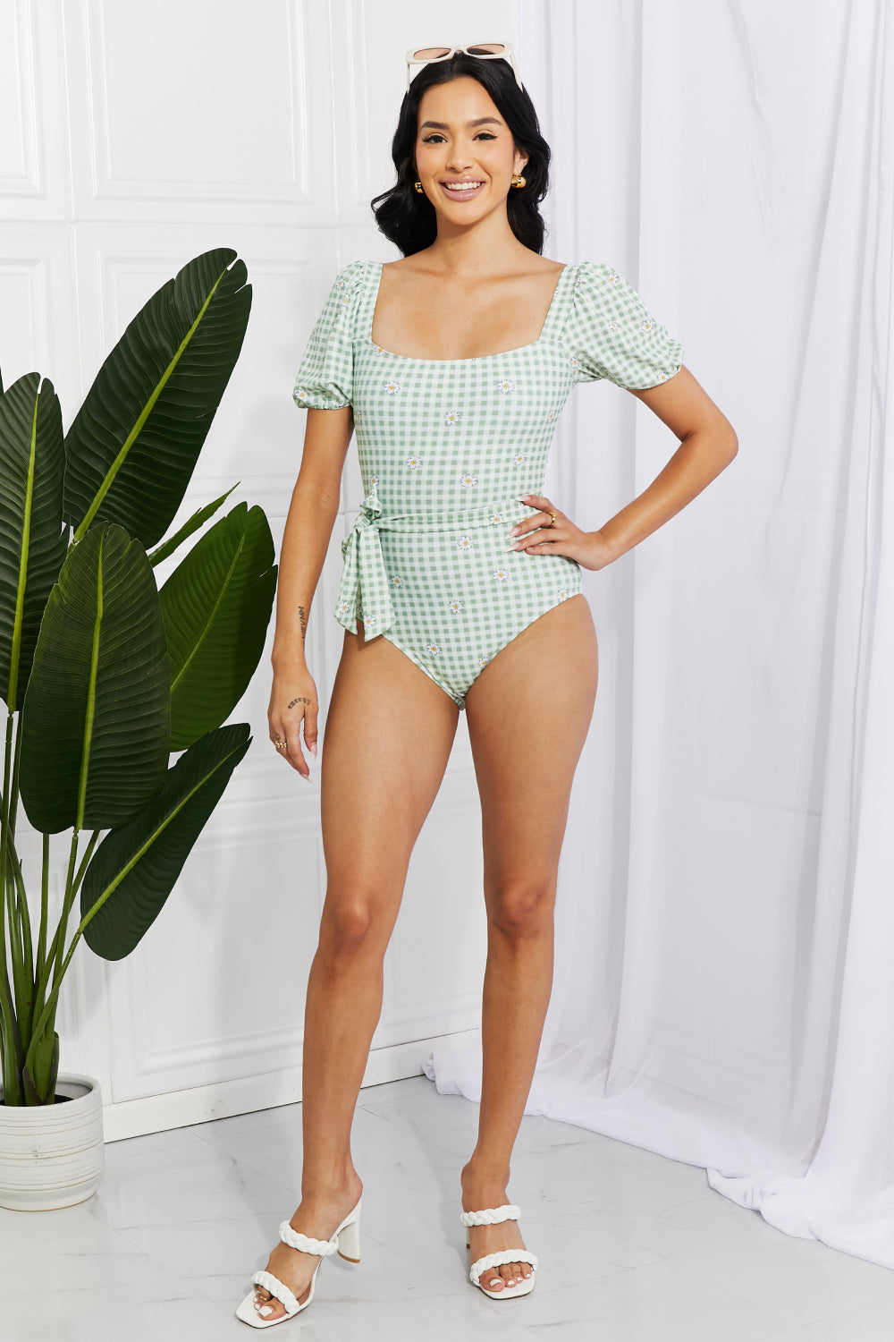 marina west swim salty air puff sleeve one-piece in sage