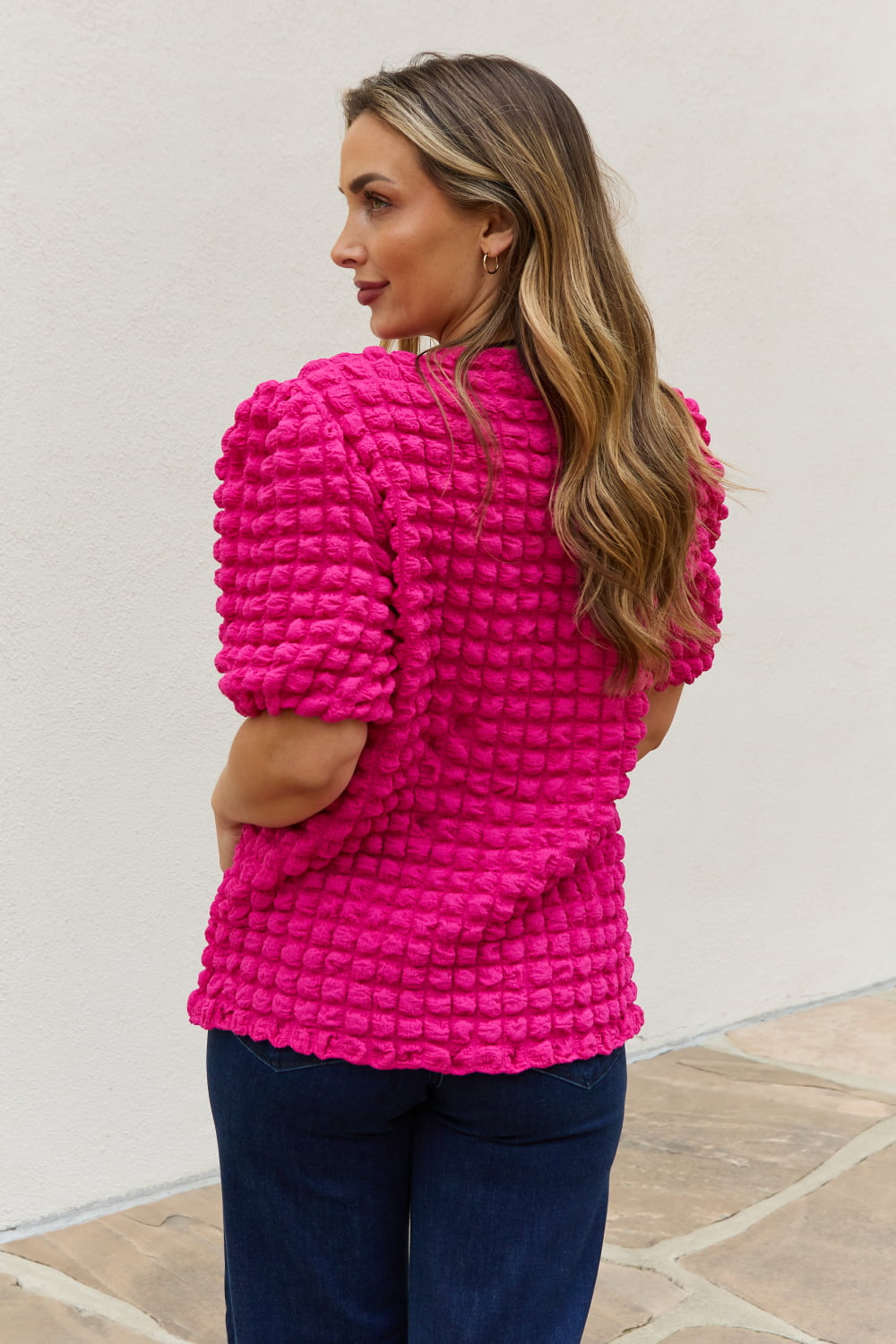 and the why full size bubble textured puff sleeve top