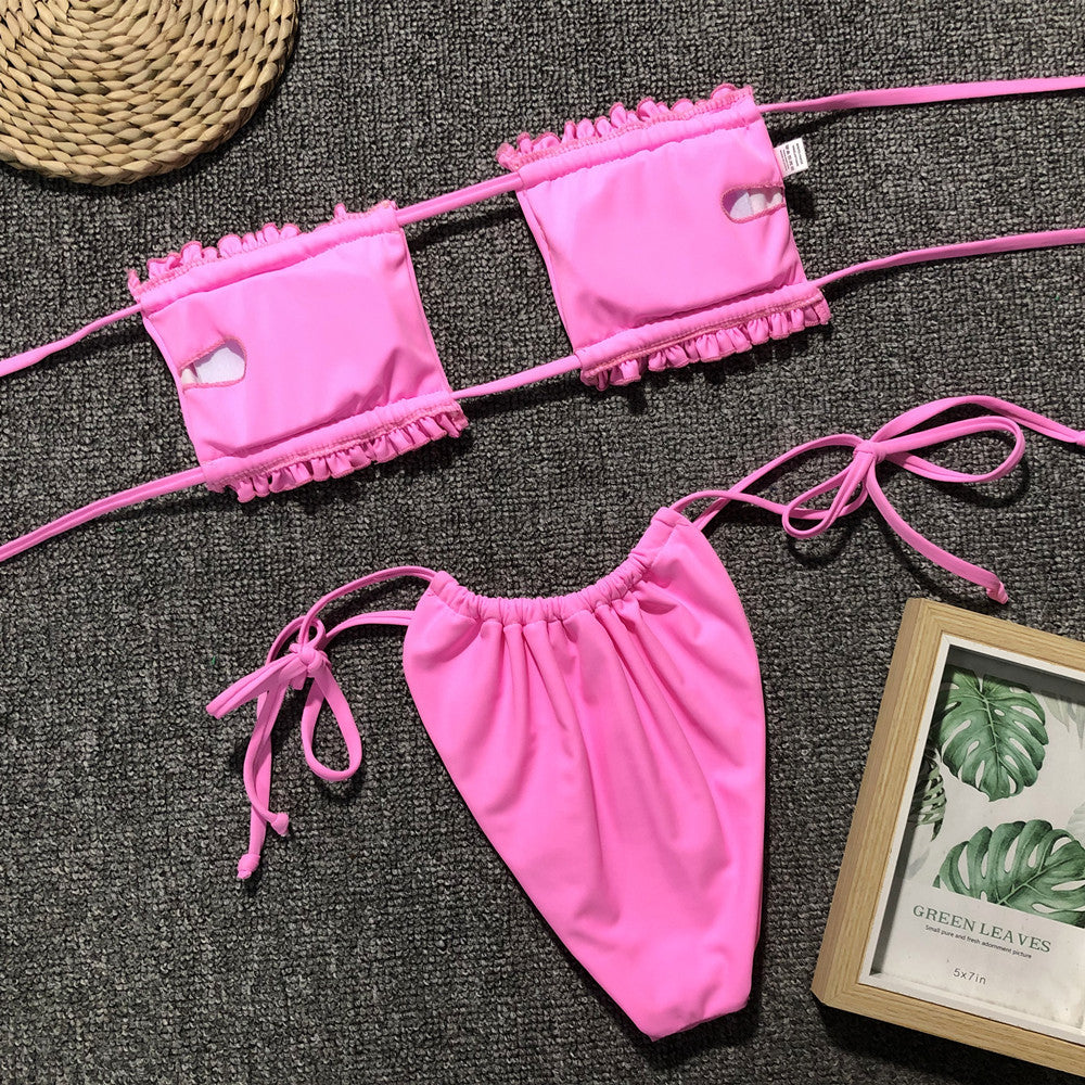 frill trim ruched bikini set