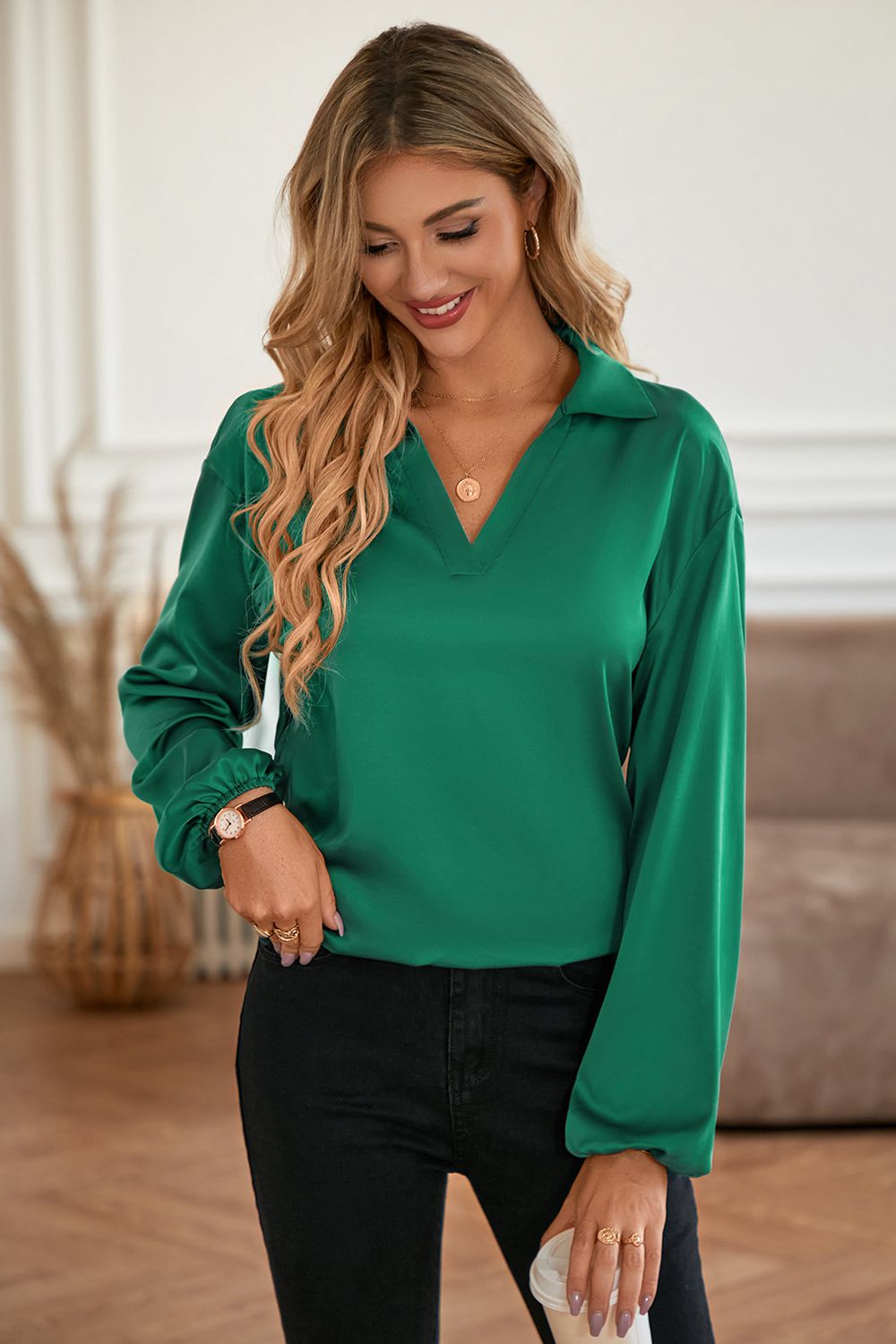johnny collar lantern sleeve blouse