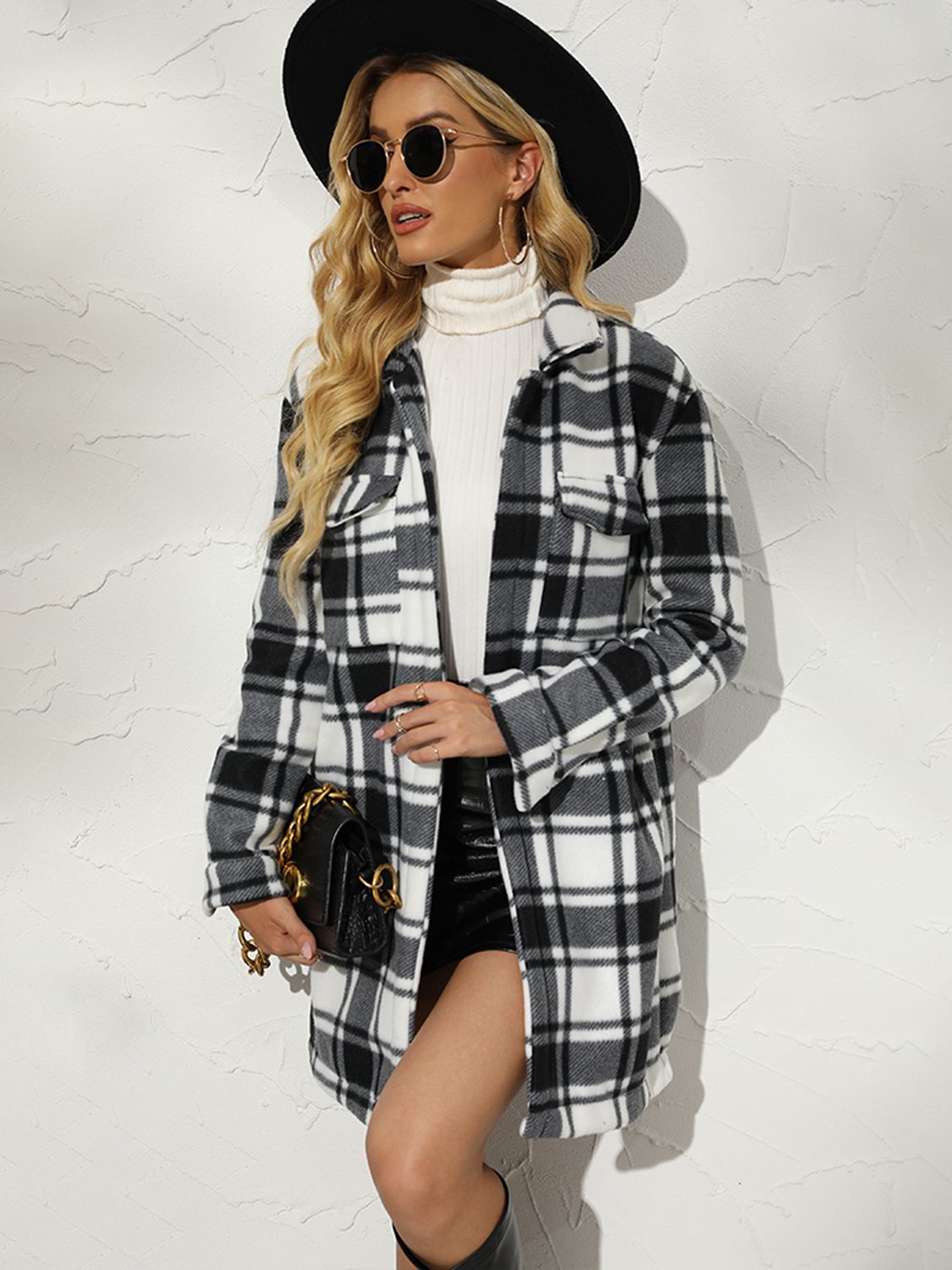 plaid collared longline coat