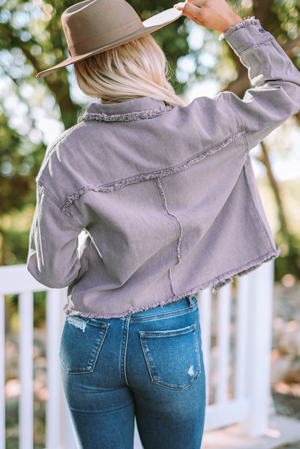 frayed trim snap down denim jacket