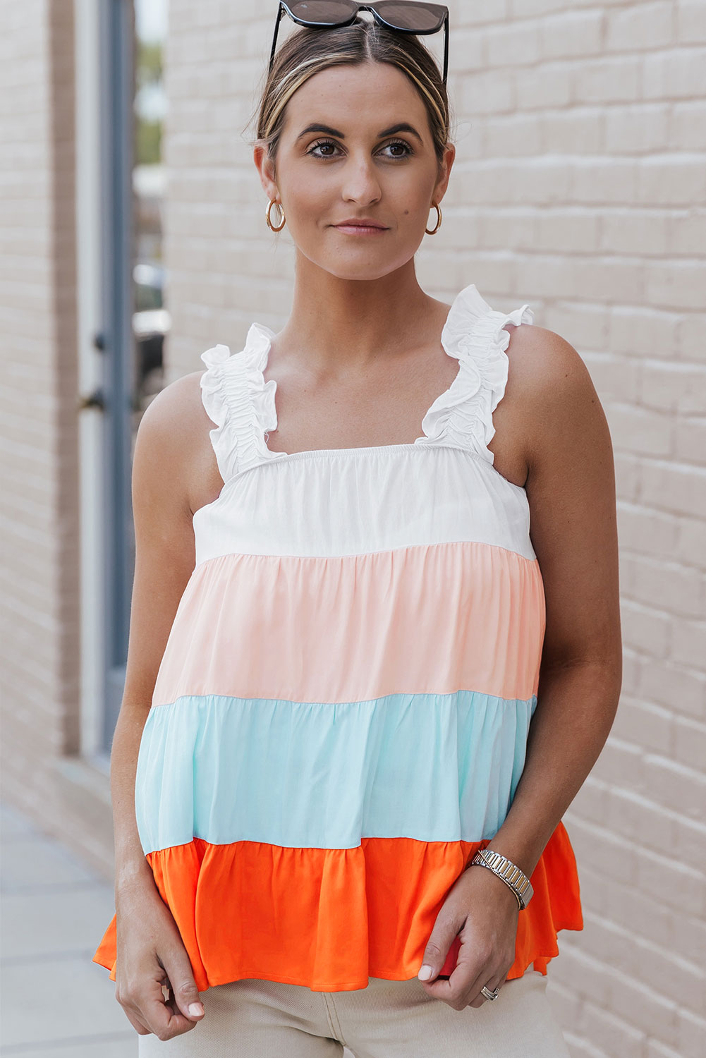 color block ruffle strap tank